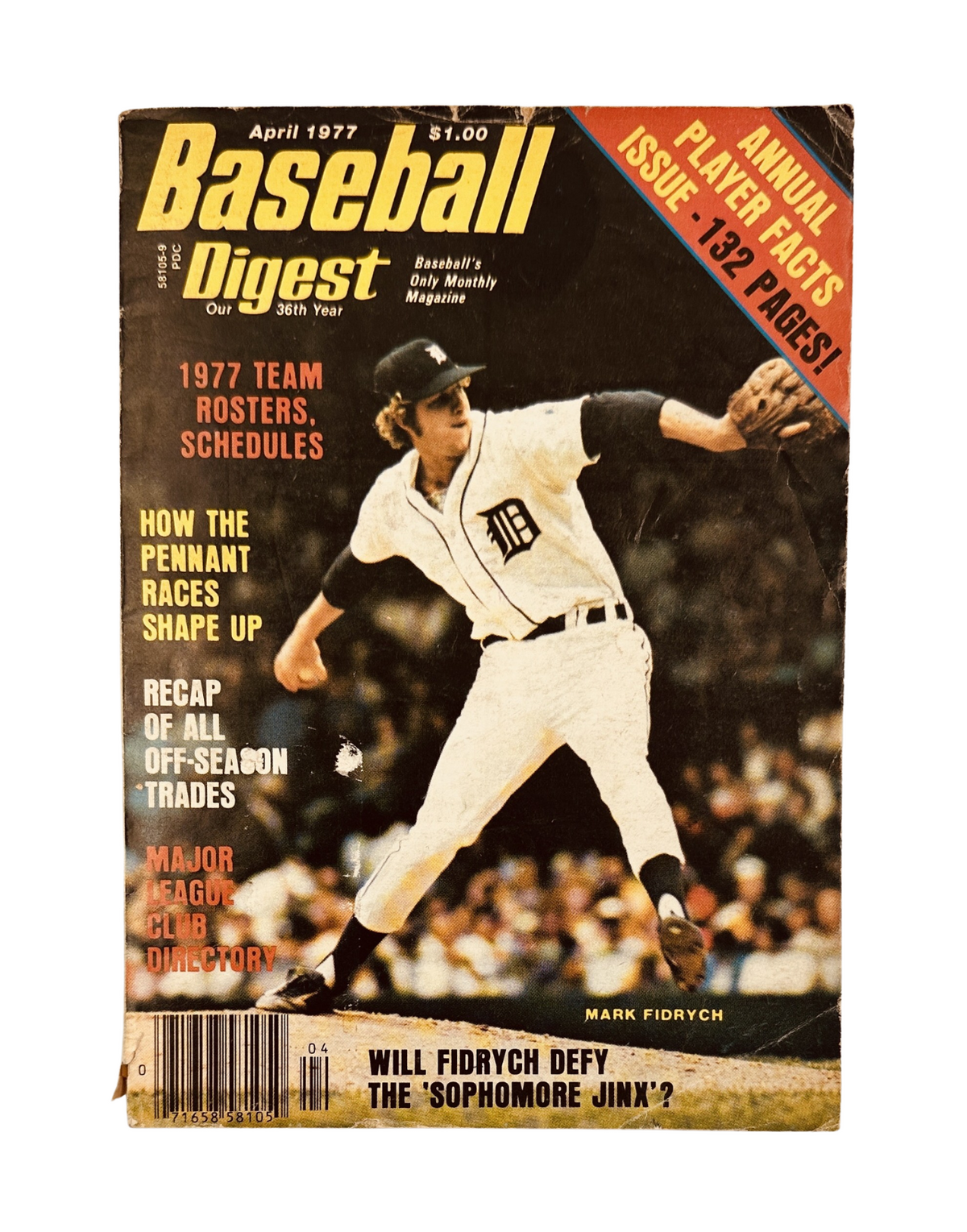 Baseball Digest Magazine for April 1977 featuring Mark Fidrych on the cover. Highlights include 1977 team rosters, schedules, and articles on pennant races and player statistics.