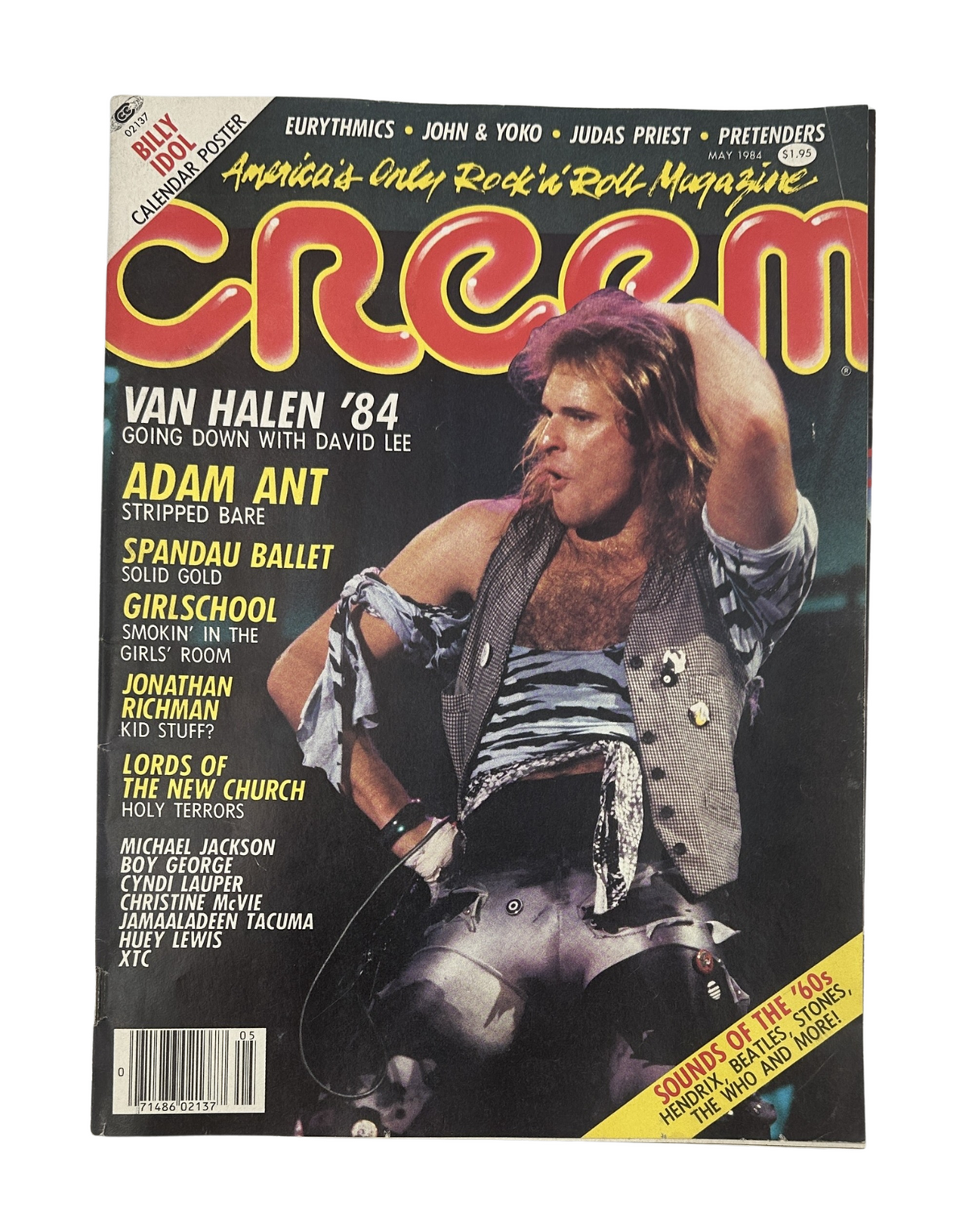 Creem Magazine May 1984 cover featuring Van Halen with David Lee Roth and Adam Ant, showcasing top artists of the era including Spandau Ballet and Girlschool.