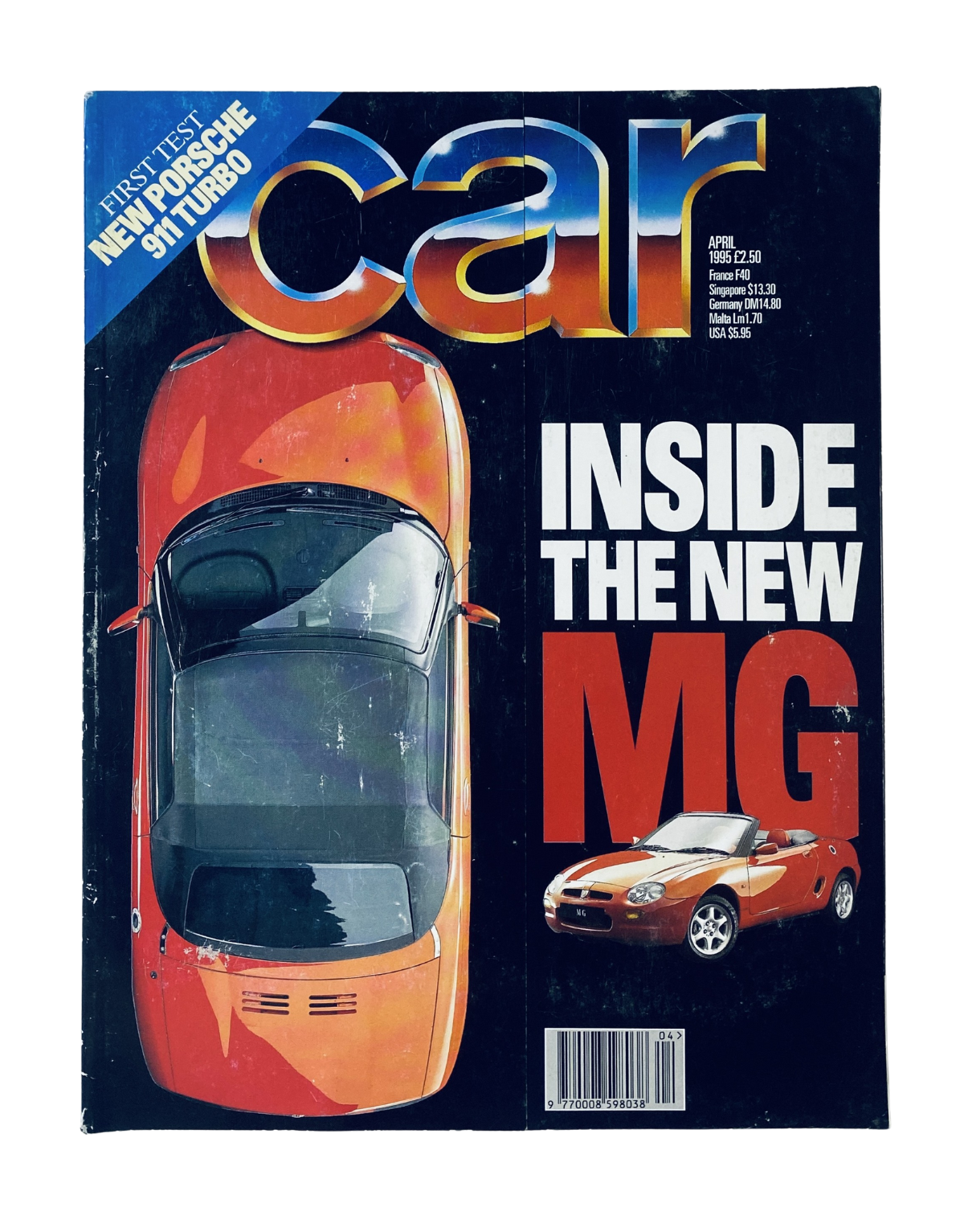 Cover of CAR Magazine April 1995 featuring the New MG MGF, Porsche 911 Turbo, and Rover F50. The design showcases an aerial view of the MG with a bold headline stating 'INSIDE THE NEW MG'.