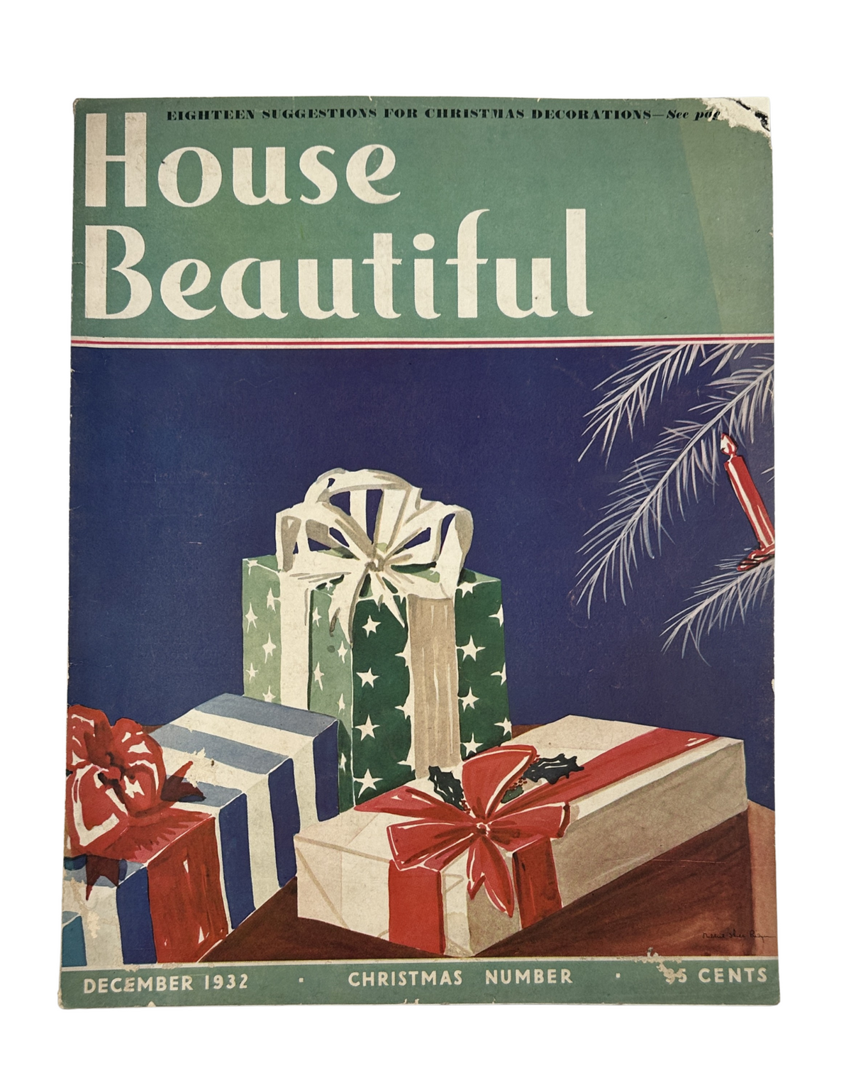 December 1932 issue of House Beautiful Magazine featuring Christmas decorations and gift-wrapped presents on the cover. The issue highlights festive interior design ideas.