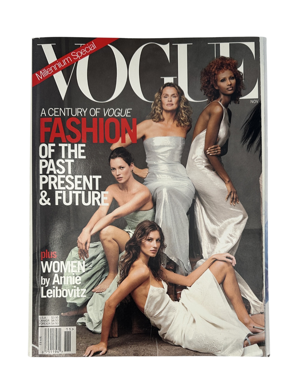 Cover of Vogue Magazine November 1999 featuring supermodels Kate Moss, Gisele Bündchen, Lauren Hutton, and Iman, highlighting a century of fashion and women by Annie Leibovitz.