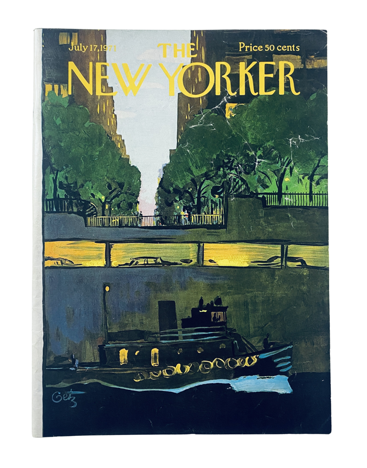 Cover of The New Yorker Magazine July 17, 1971 featuring a river boat in a city park, illustrated by Arthur Getz.