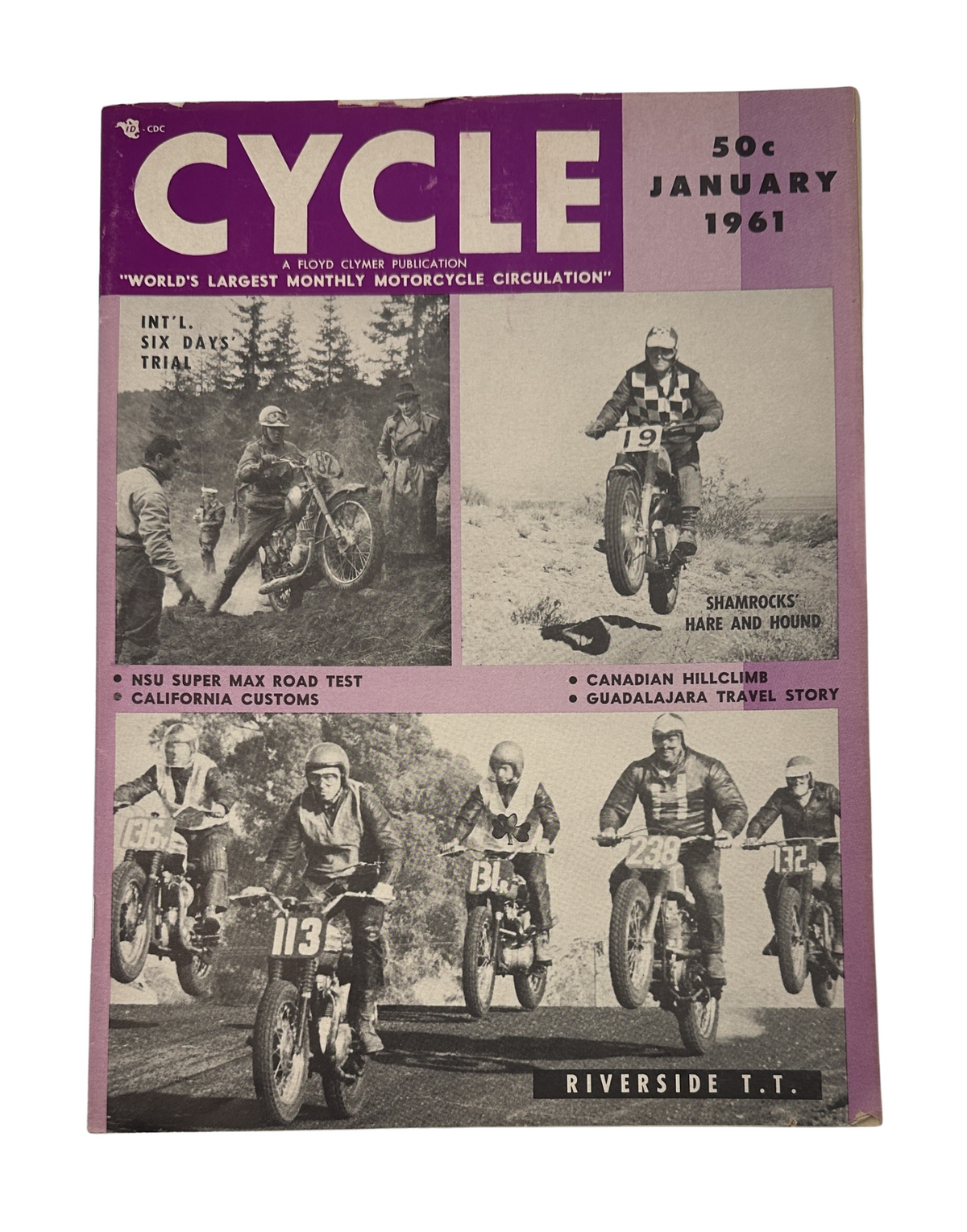 Cover of Cycle Magazine January 1961 featuring the NSU Super Max Road Test, Riverside TT Hillclimb, and Canadian Hillclimb. The image includes black and white photographs of motorcycle racers and mentions of events and features.