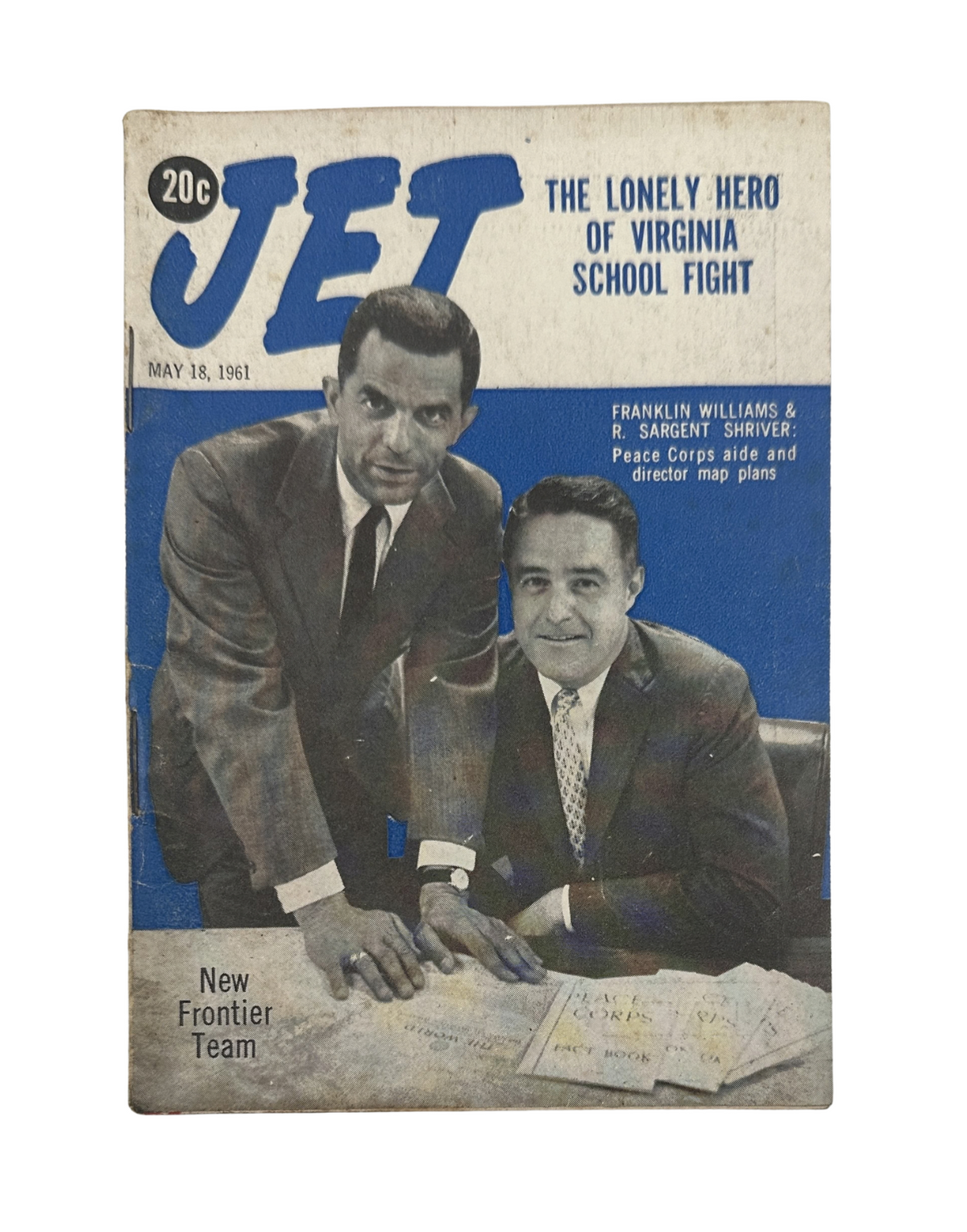 Cover of Jet Magazine dated May 18, 1961 featuring the title 'The Lonely Hero of Virginia School Fight' with images of Franklin Williams and R. Sargent Shriver.