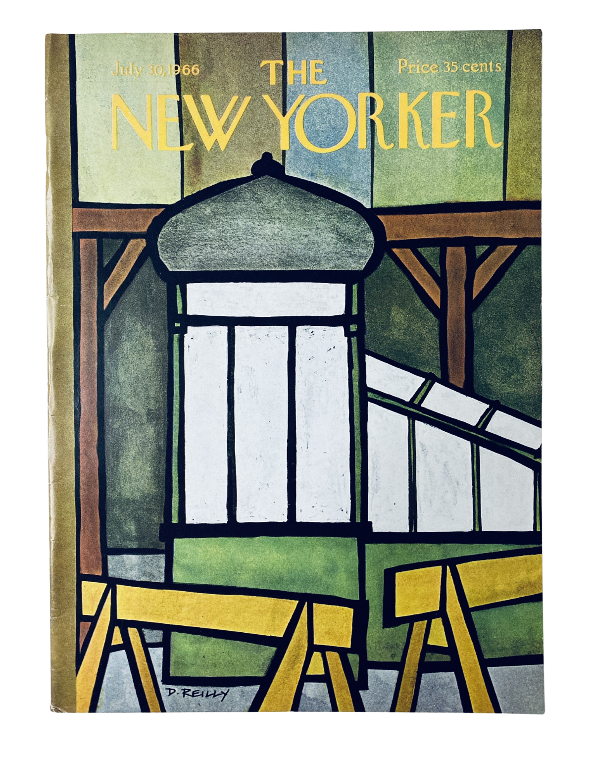 The New Yorker Magazine July 30, 1966, showcasing a Modern Construction cover artwork by Donald Reilly. The cover features bold colors and distinct geometric shapes, embodying mid-20th century design.
