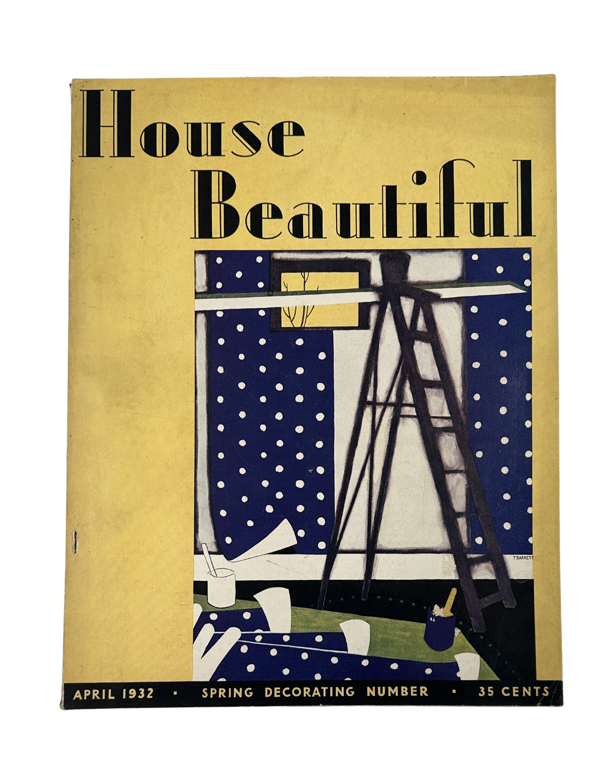 Cover of House Beautiful Magazine from April 1932, featuring a spring decorating theme with a ladder and polka-dotted design elements.