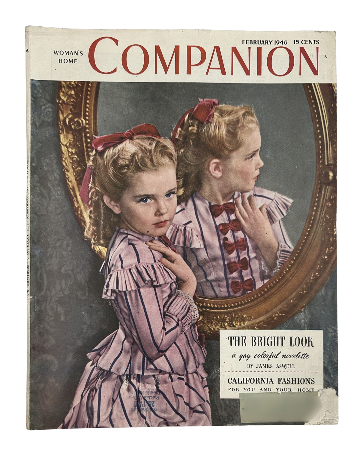 Cover of Woman's Home Companion Magazine February 1946 featuring 'The Bright Look' novelette by James Aswell, showcasing California fashion with a vintage photograph of a girl in a pink striped dress.