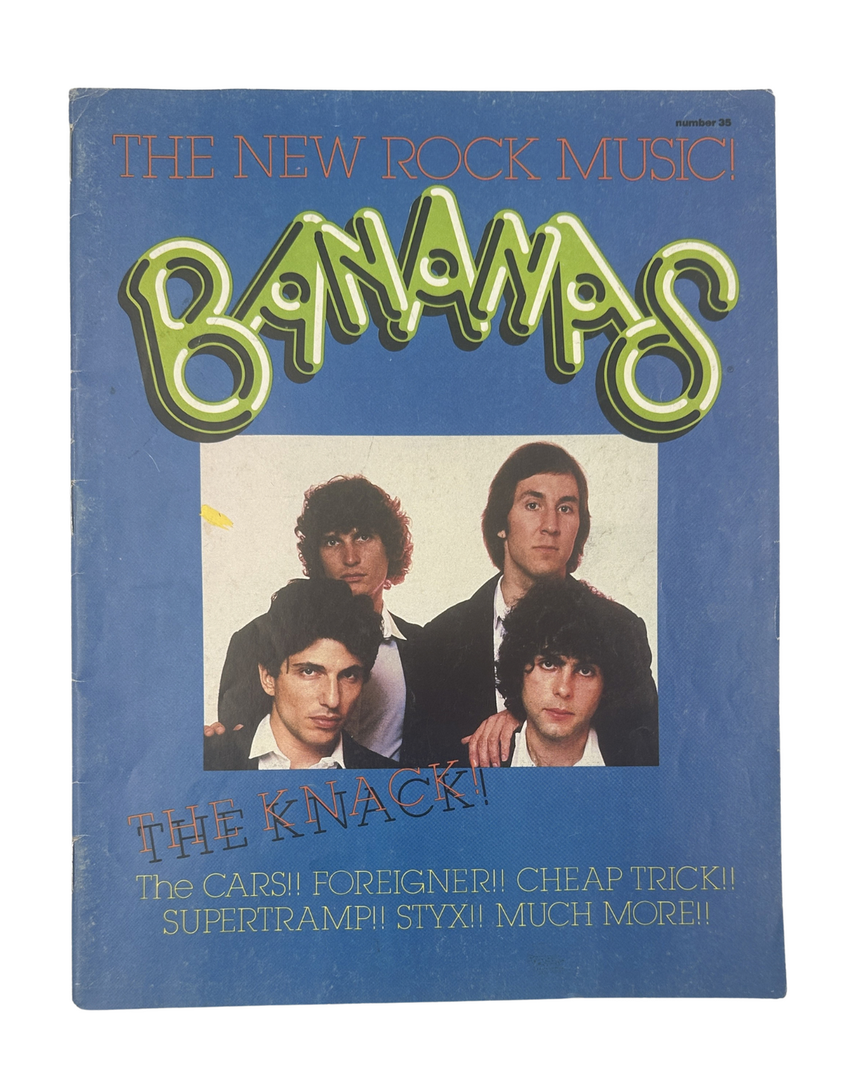 Cover of Bananas Magazine No. 35 featuring The Knack, showcasing a vintage rock music theme with a colorful design and images of band members.