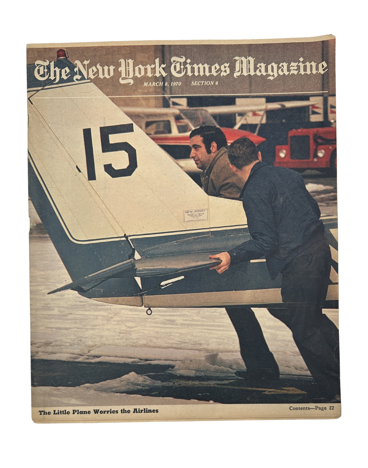 Cover of The New York Times Magazine March 8, 1970, featuring an image of two men moving an aircraft with the caption 'The Little Plane Worries the Airlines.'