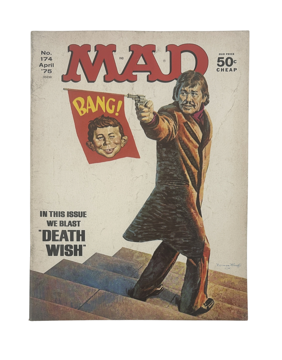 Cover of MAD Magazine No. 174 from April 1975 featuring a satire on the movie 'Death Wish'. The cover illustration depicts a character holding a flag that says 'BANG!' while aiming a gun, showcasing the magazine's signature humor and style. Perfect for collectors and fans of classic satire.