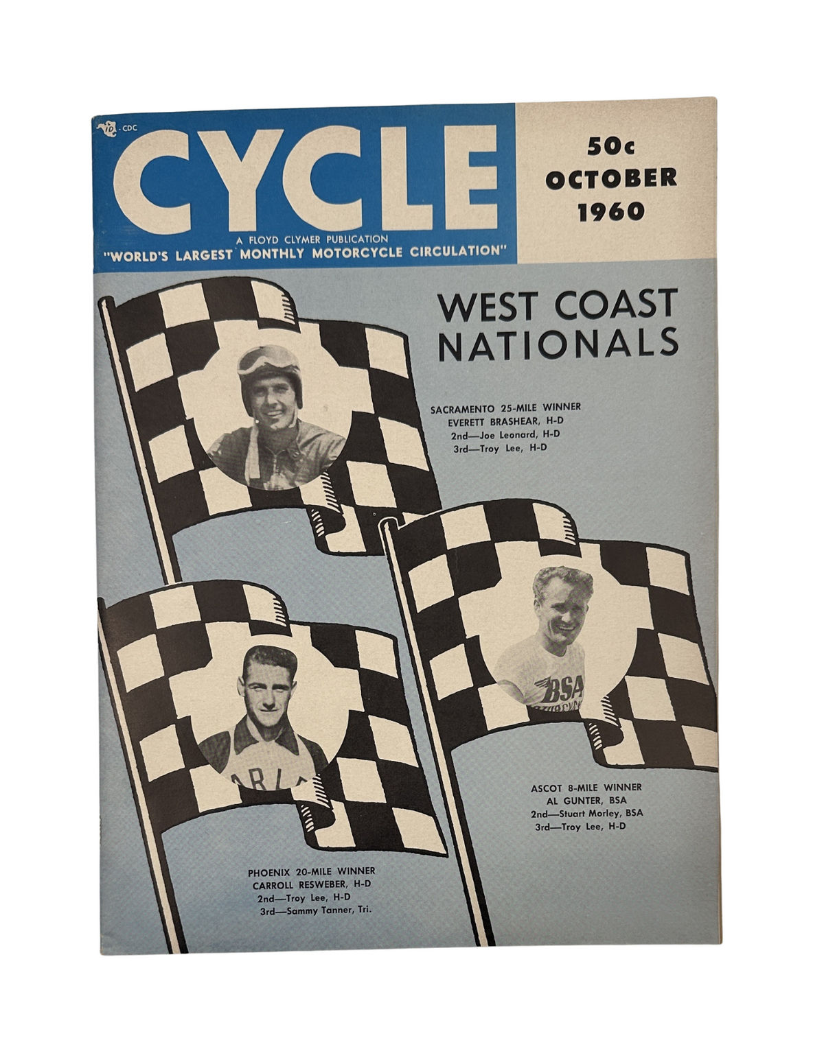 Cycle Magazine October 1960 featuring West Coast Nationals cover with checkered flags and motorcycle winners.