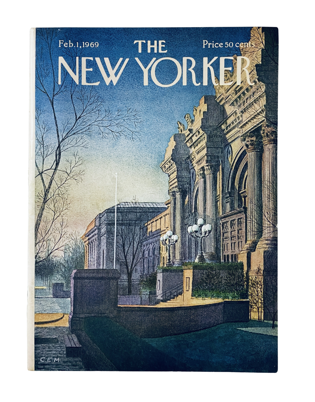 Cover of The New Yorker Magazine dated February 1, 1969 featuring an architectural illustration, reflecting a classic New York City landscape. Title: The New Yorker Magazine February 1, 1969 Charles Martin Architectural Cover VG.