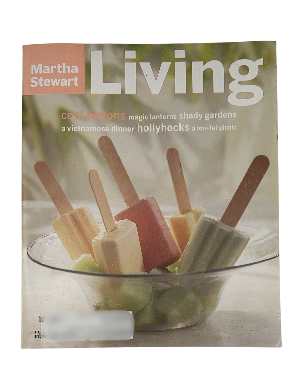 Cover of Martha Stewart Living Magazine July/August 1996 featuring colorful melon pops in a bowl, highlighting topics such as cool melons, gardens, and recipes.