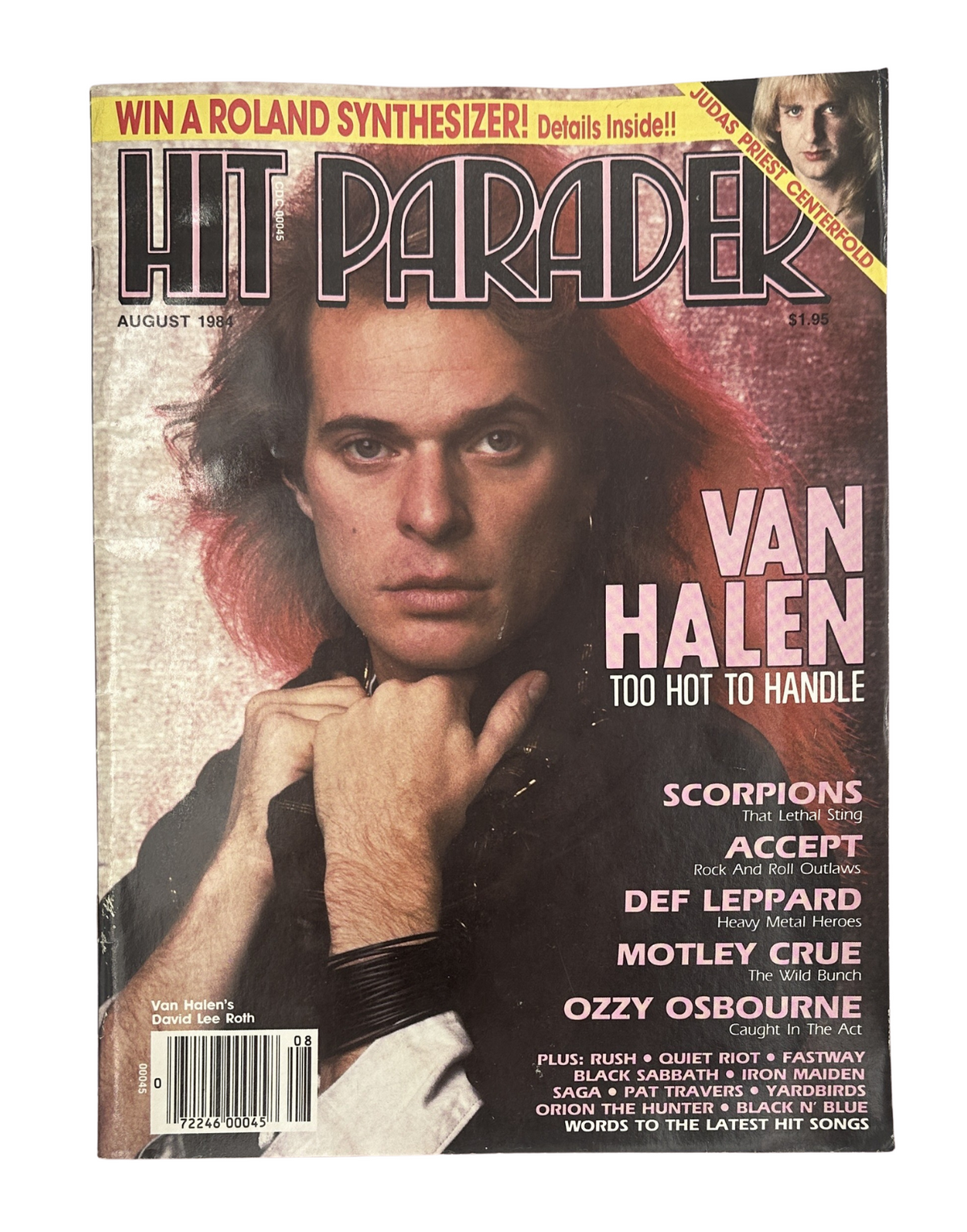 Hit Parader Magazine August 1984 featuring Van Halen with David Lee Roth on the cover, titled 'Too Hot To Handle'. A nostalgic rock magazine highlighting prominent musicians like Ozzy Osbourne and Scorpions.