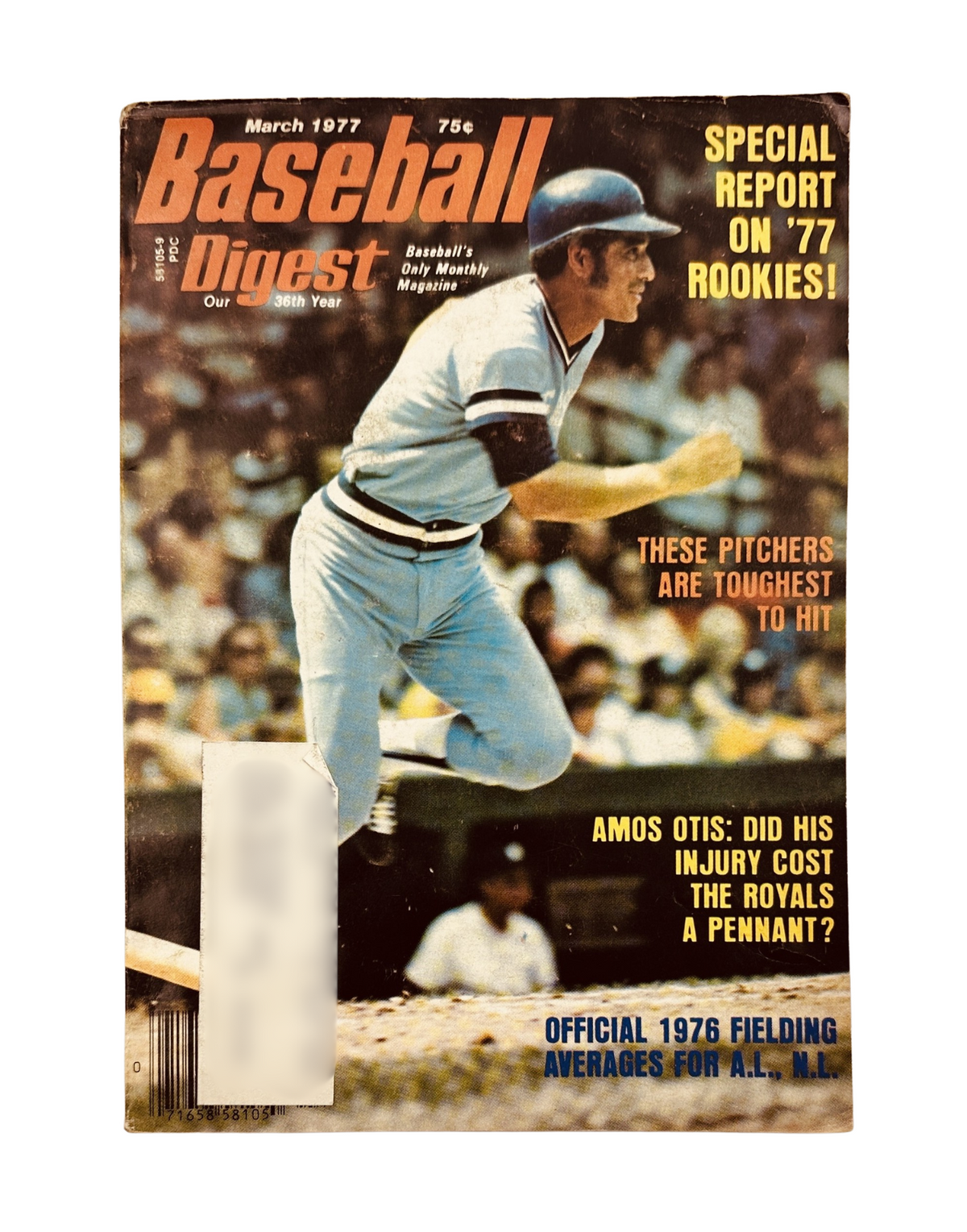 Cover of Baseball Digest Magazine March 1977 featuring Amos Otis, highlighting a special report on the 1977 rookies and discussing the toughest pitchers to hit.