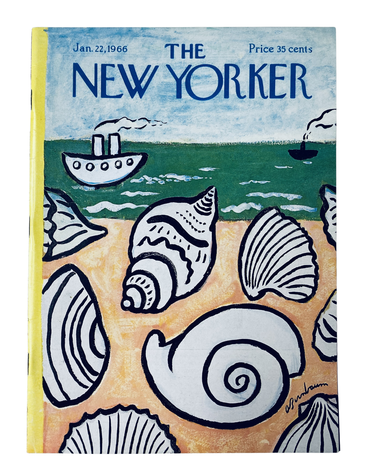 The New Yorker Magazine January 22, 1966 featuring a vibrant beach cover illustration with seashells and a boat, priced at 35 cents. This vintage magazine is in very good condition.