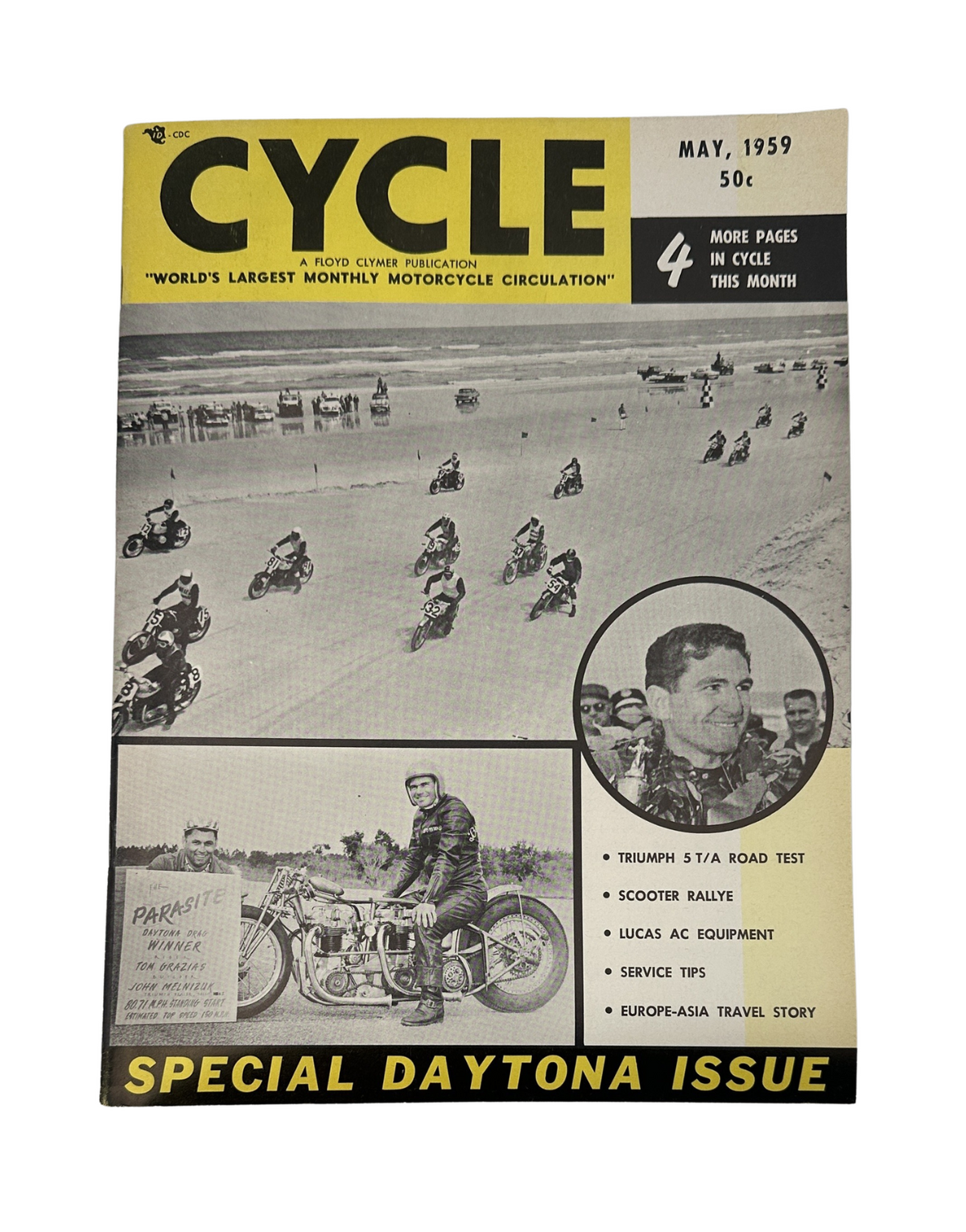 Cycle Magazine May 1959 cover showcasing the Triumph 5 T/A Road Test, featuring a photograph of a motorcycle rally at Daytona with multiple riders and bikes.