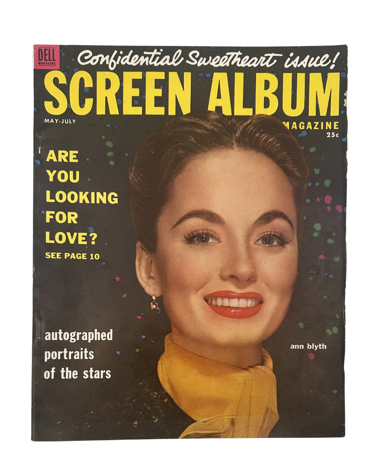 Cover of Screen Album Magazine May 1955 featuring Ann Blyth, with the headline 'Are You Looking for Love?' and colorful background.