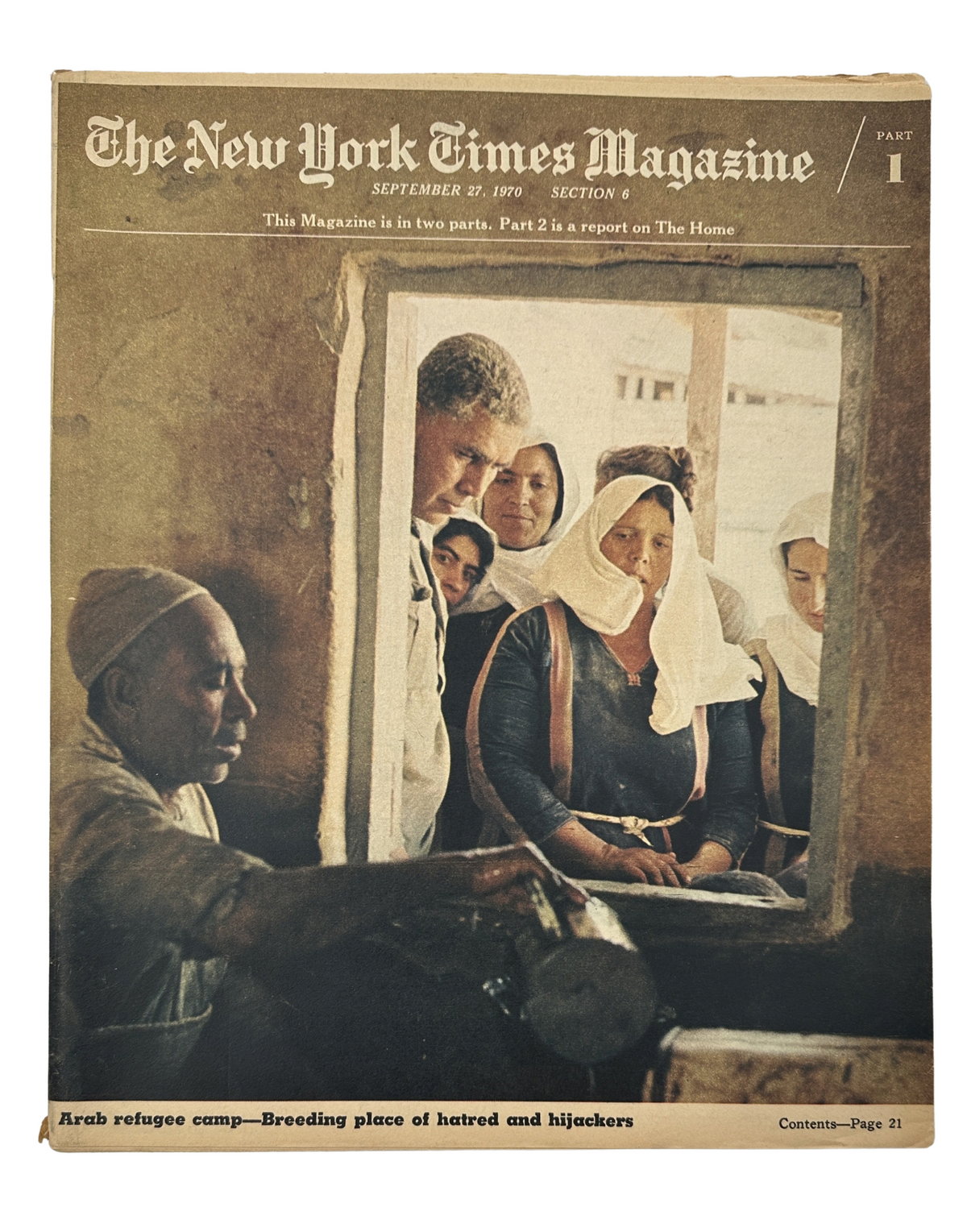 Cover of The New York Times Magazine from September 27, 1970, featuring a powerful image from an Arab refugee camp, emphasizing the humanitarian crisis and the impact on Palestinian refugees.