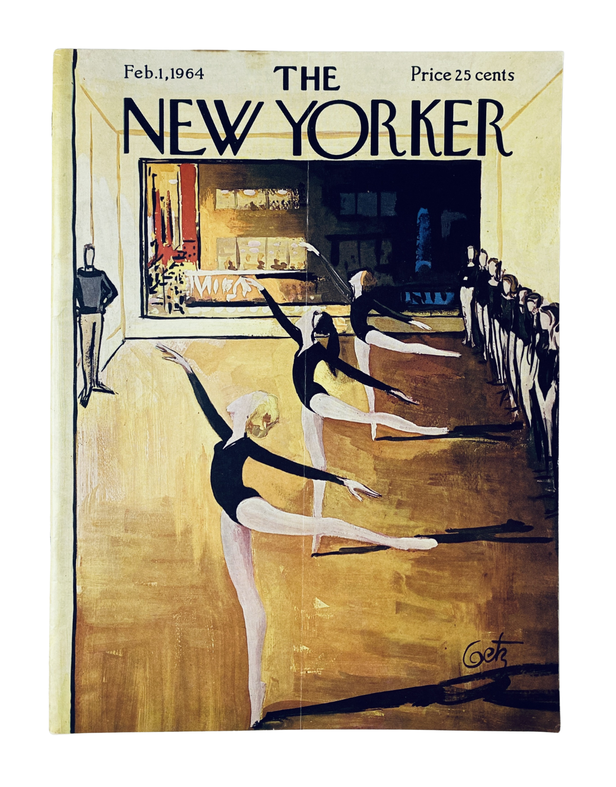 The New Yorker Magazine February 1, 1964 cover featuring a ballet rehearsal scene painted by A. Getz, showcasing dancers in elegant poses.