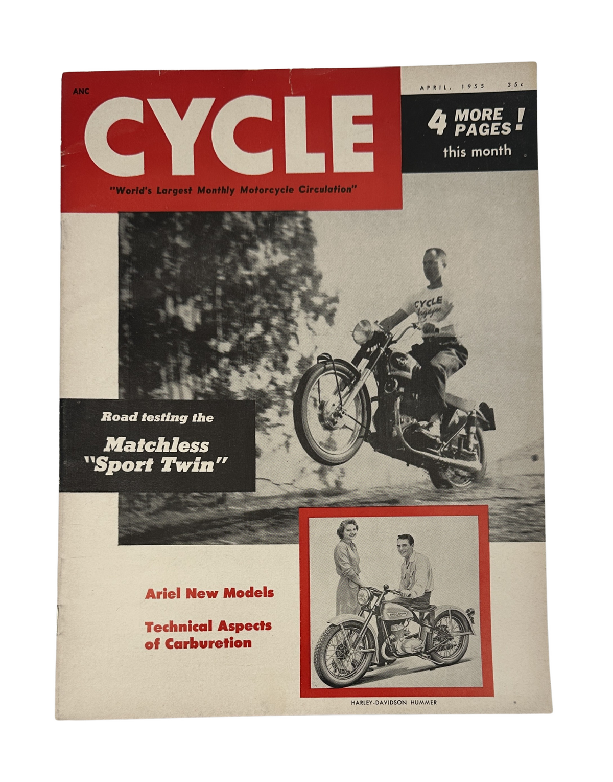 Cycle Magazine April 1955 cover featuring the Matchless Sport Twin motorcycle being road tested, along with images of the Harley-Davidson Hummer. The magazine highlights motorcycle features and comparisons.