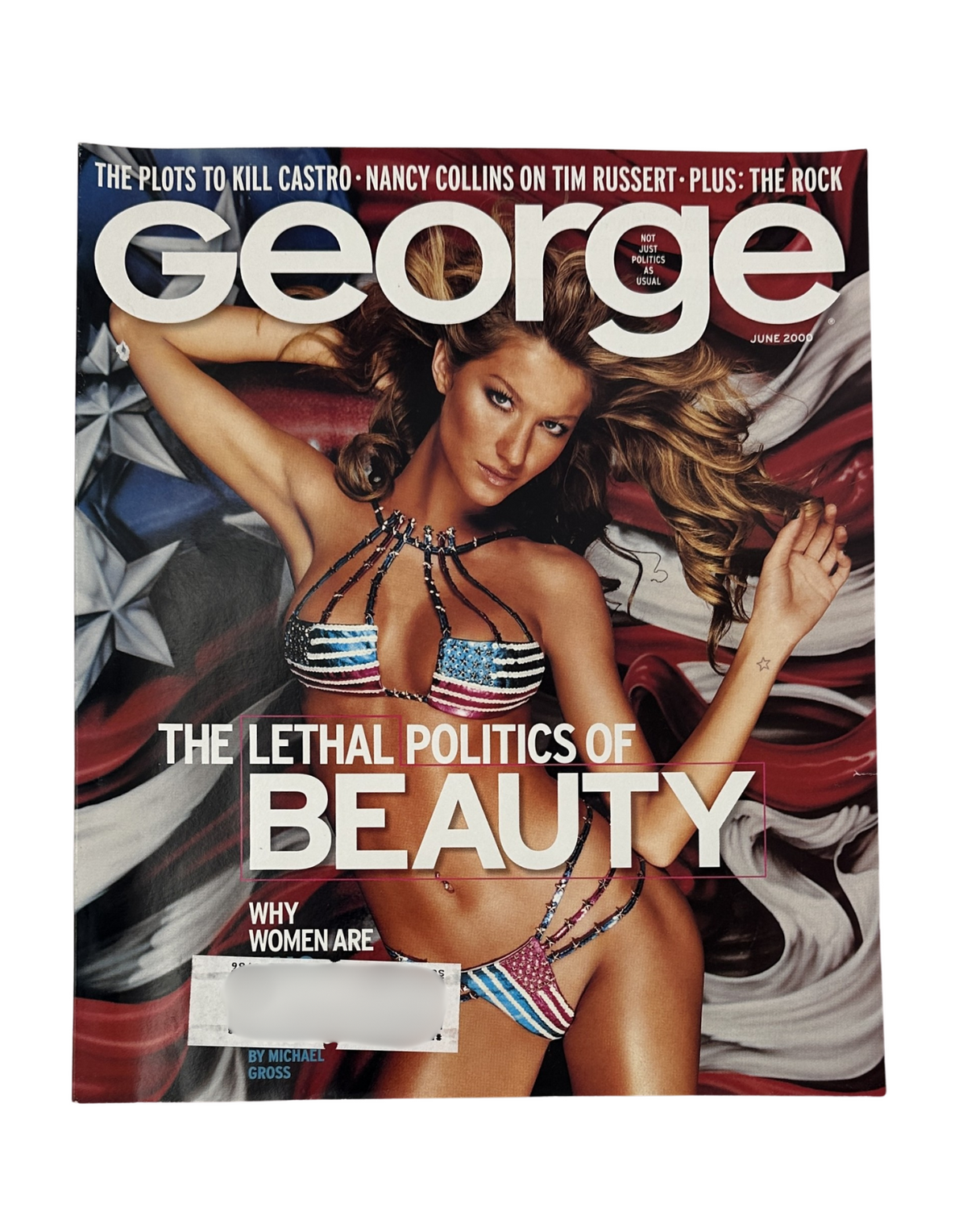 Cover of George Magazine, June 2000 featuring Gisele Bundchen, titled 'The Lethal Politics of Beauty,' discussing societal pressures on women regarding beauty standards.