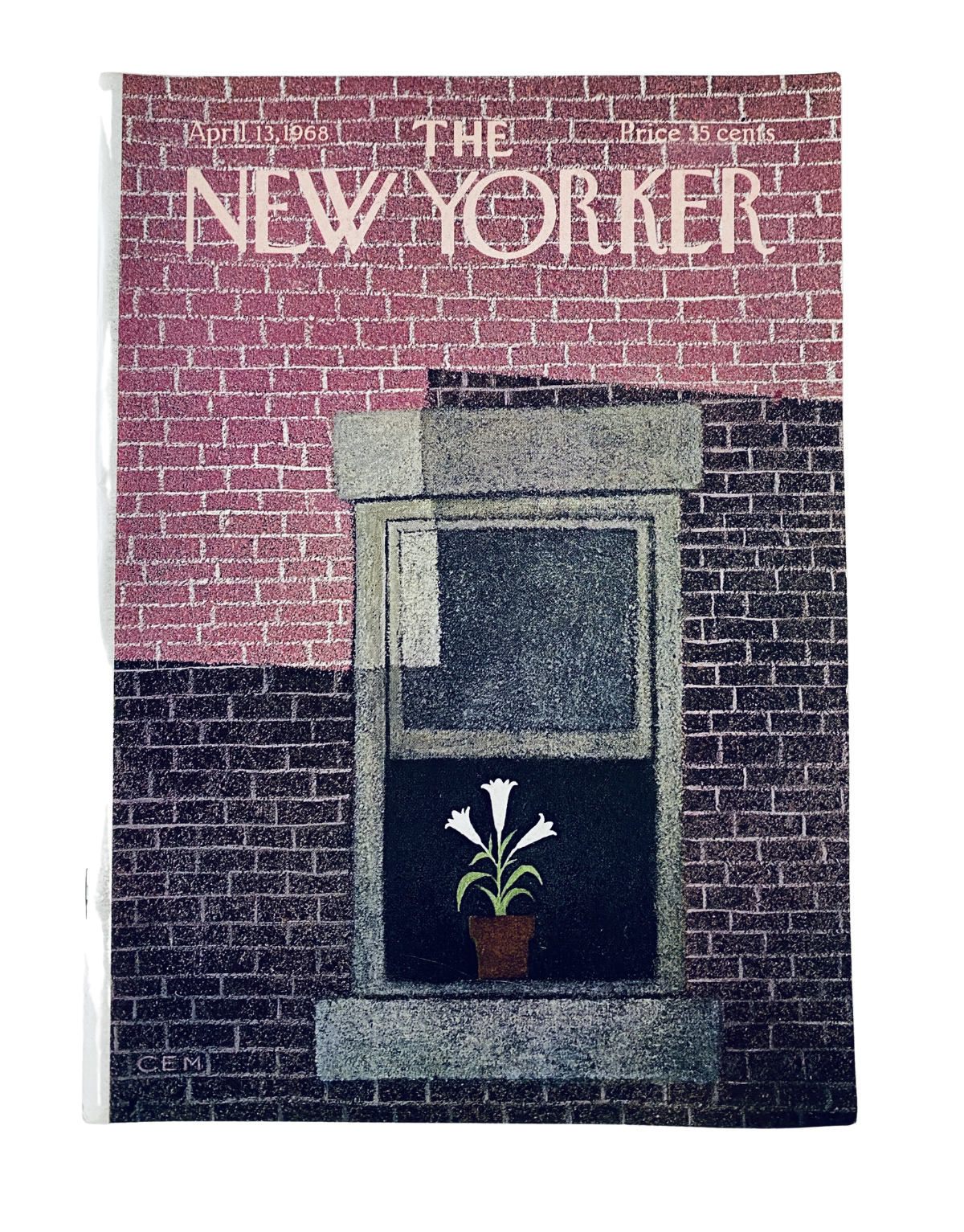 The New Yorker Magazine April 13, 1968 cover featuring a window with a flower pot, illustrated by Charles Martin. The cover art showcases a textured brick wall in shades of pink and grey, highlighting a singular flower in a window.