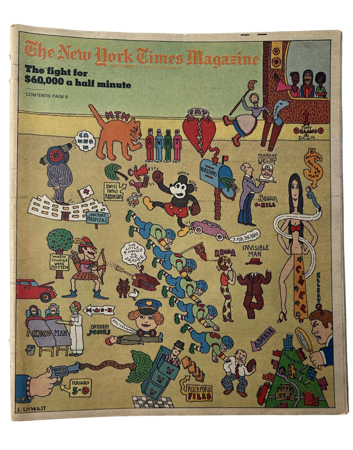 Cover of The New York Times Magazine from September 7, 1975, titled 'The fight for $60,000 a half minute', featuring colorful illustrations depicting various themes of television advertising and prime-time battles.