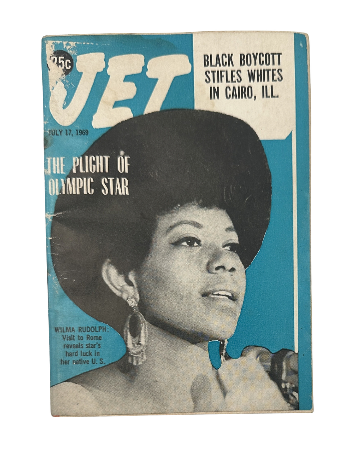 Jet Magazine July 17, 1969 cover featuring Wilma Rudolph, highlighting the Cairo boycott with the tagline 'The Plight of Olympic Star.' The cover showcases an image of Rudolph with a prominent hat and bold text.