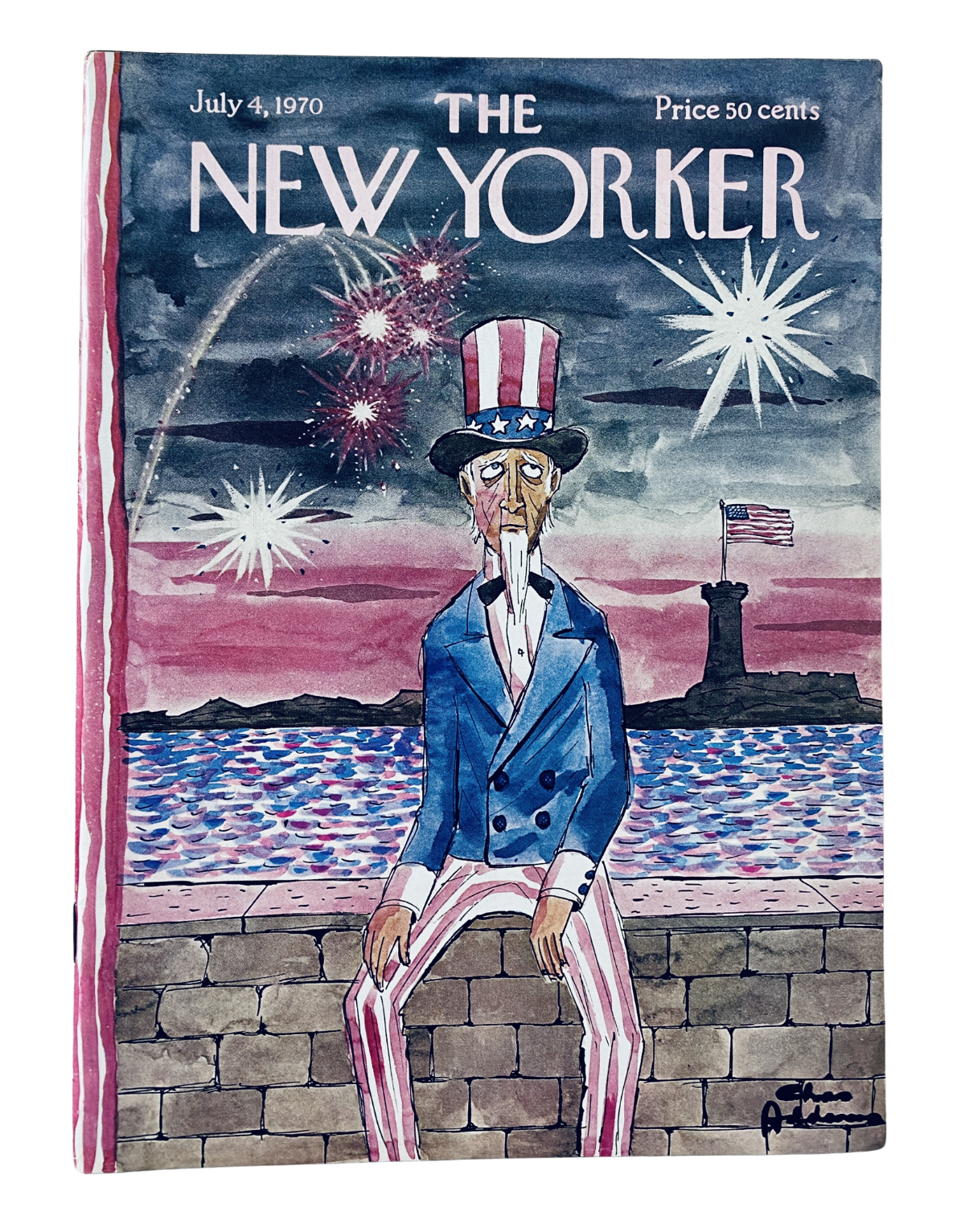The New Yorker Magazine July 4, 1970 Uncle Sam Fireworks Cover by Charles Addams, featuring an illustrated Uncle Sam amidst colorful fireworks over the water.