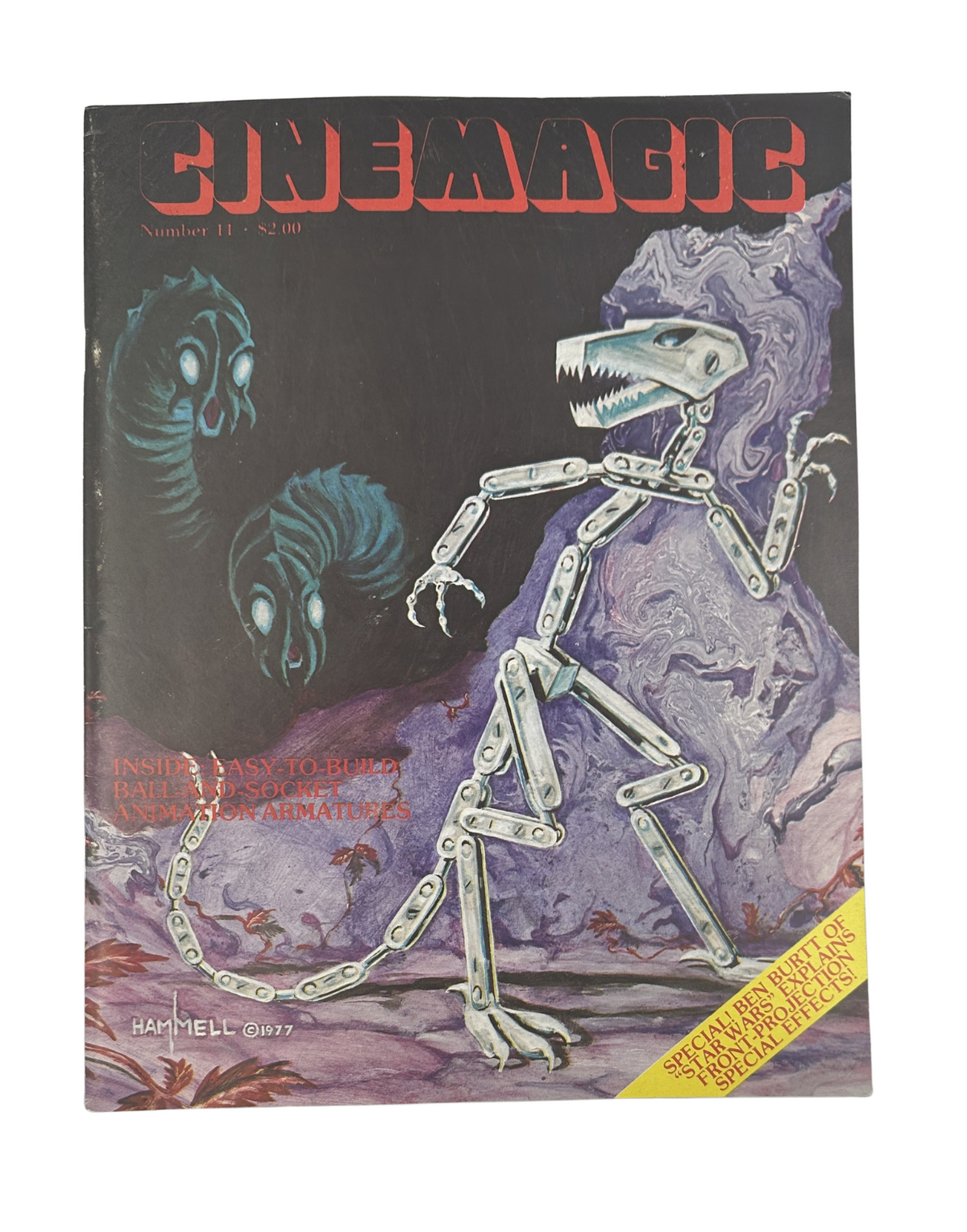 Cinemagic Magazine Fall/Winter 1978 No. 11 featuring a colorful cover illustration of a robotic skeleton with ball and socket armatures against a fantastical background.