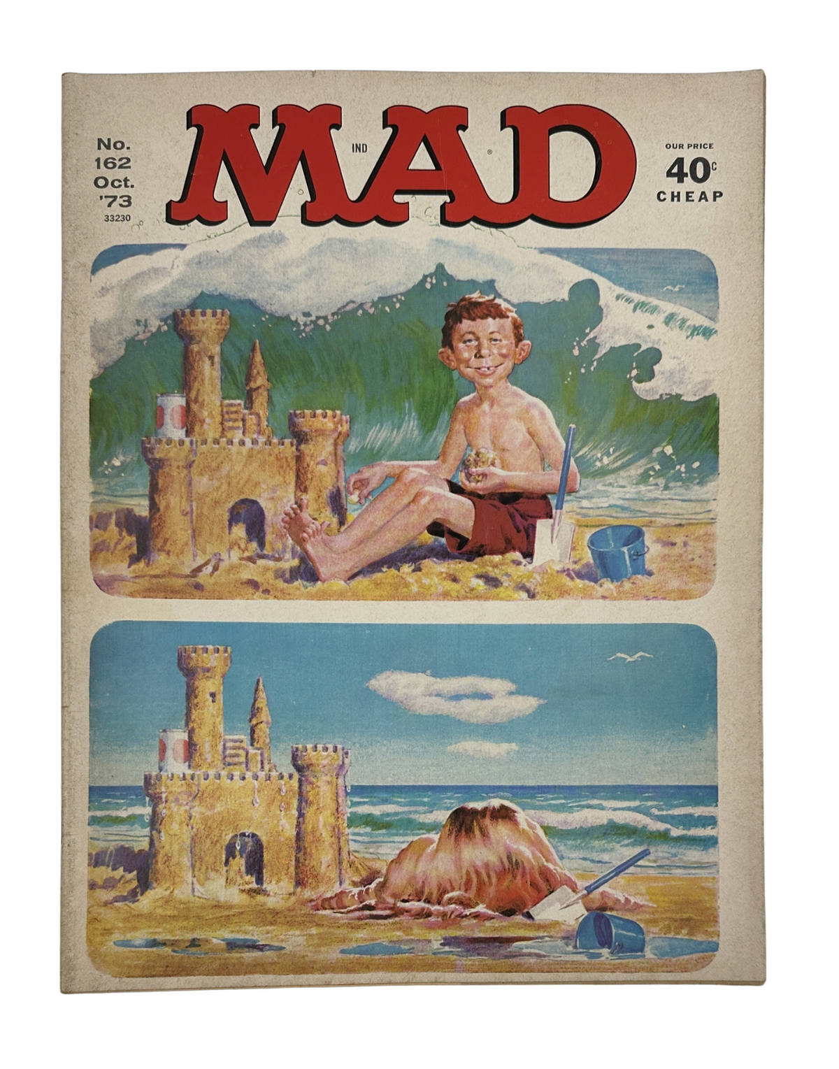 Cover art of MAD Magazine No. 162 from October 1973 featuring a colorful illustration of a boy playing on the beach with sandcastles, accompanied by whimsical beach scenery.