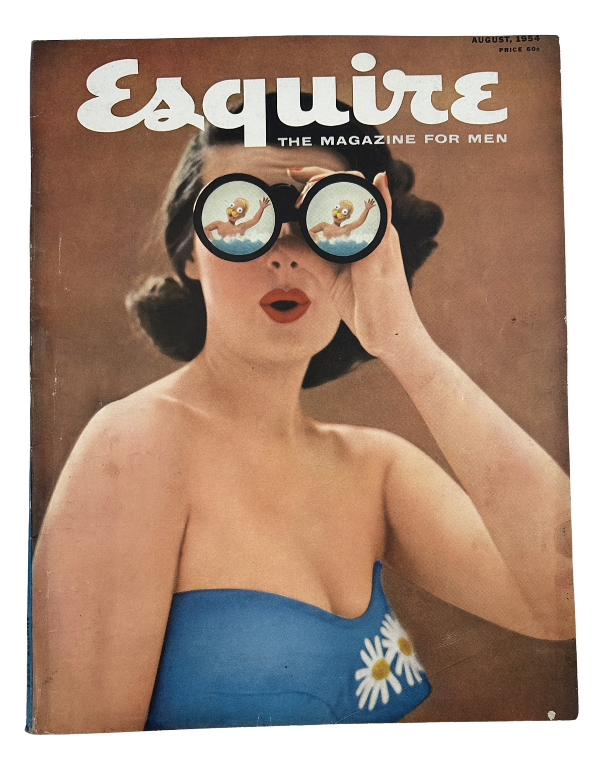 Esquire Magazine August 1954 cover featuring a woman wearing a blue strapless top with daisies, holding binoculars with colorful bird designs, representing the magazine's theme of style and sophistication.