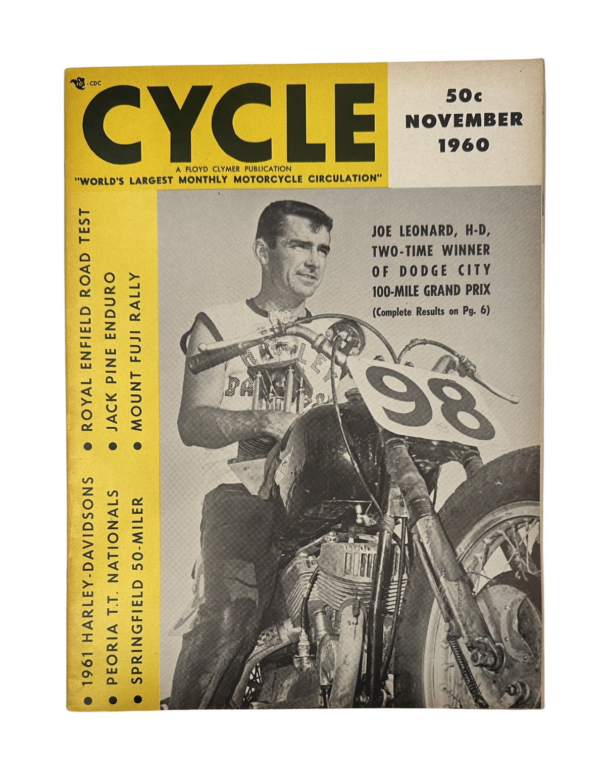 Cycle Magazine November 1960 featuring Joe Leonard, two-time winner of the Dodge City Grand Prix with the cover showcasing a motorcycle and the title 'Cycle'.