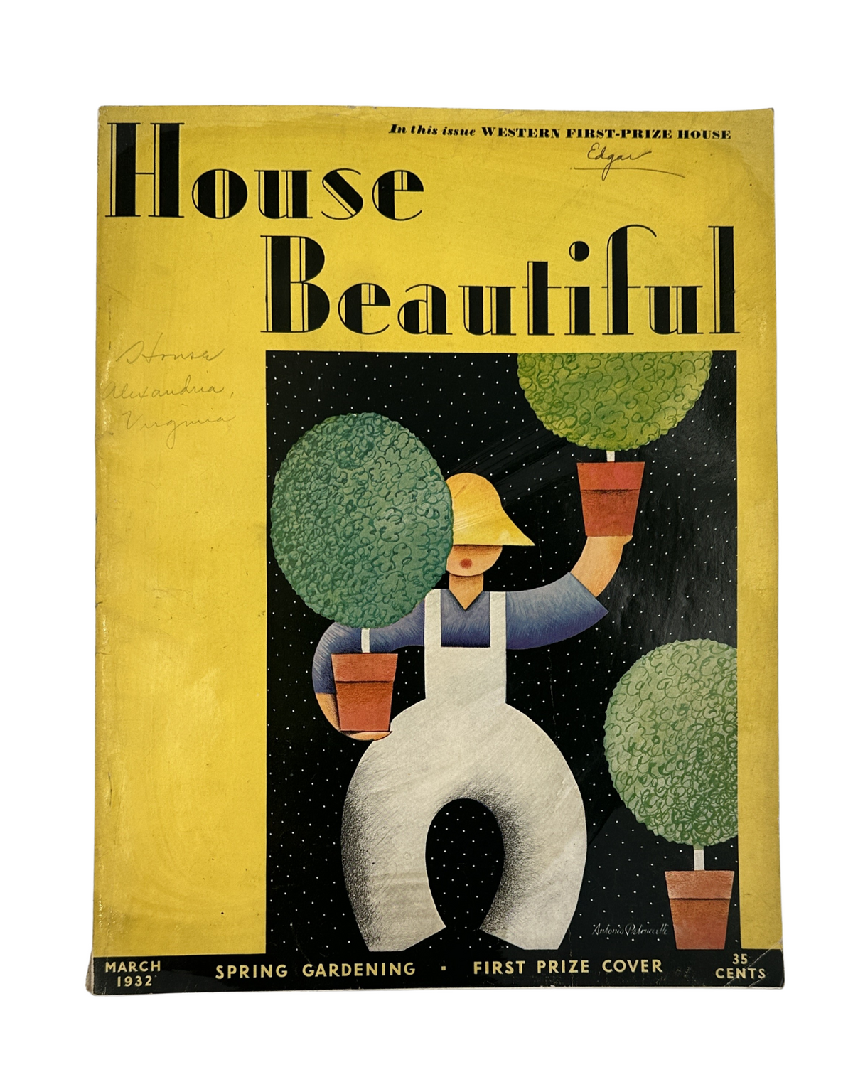 Cover of House Beautiful Magazine March 1932 featuring the title 'House Beautiful', showcasing a vibrant Spring Gardening theme with a first prize cover design.