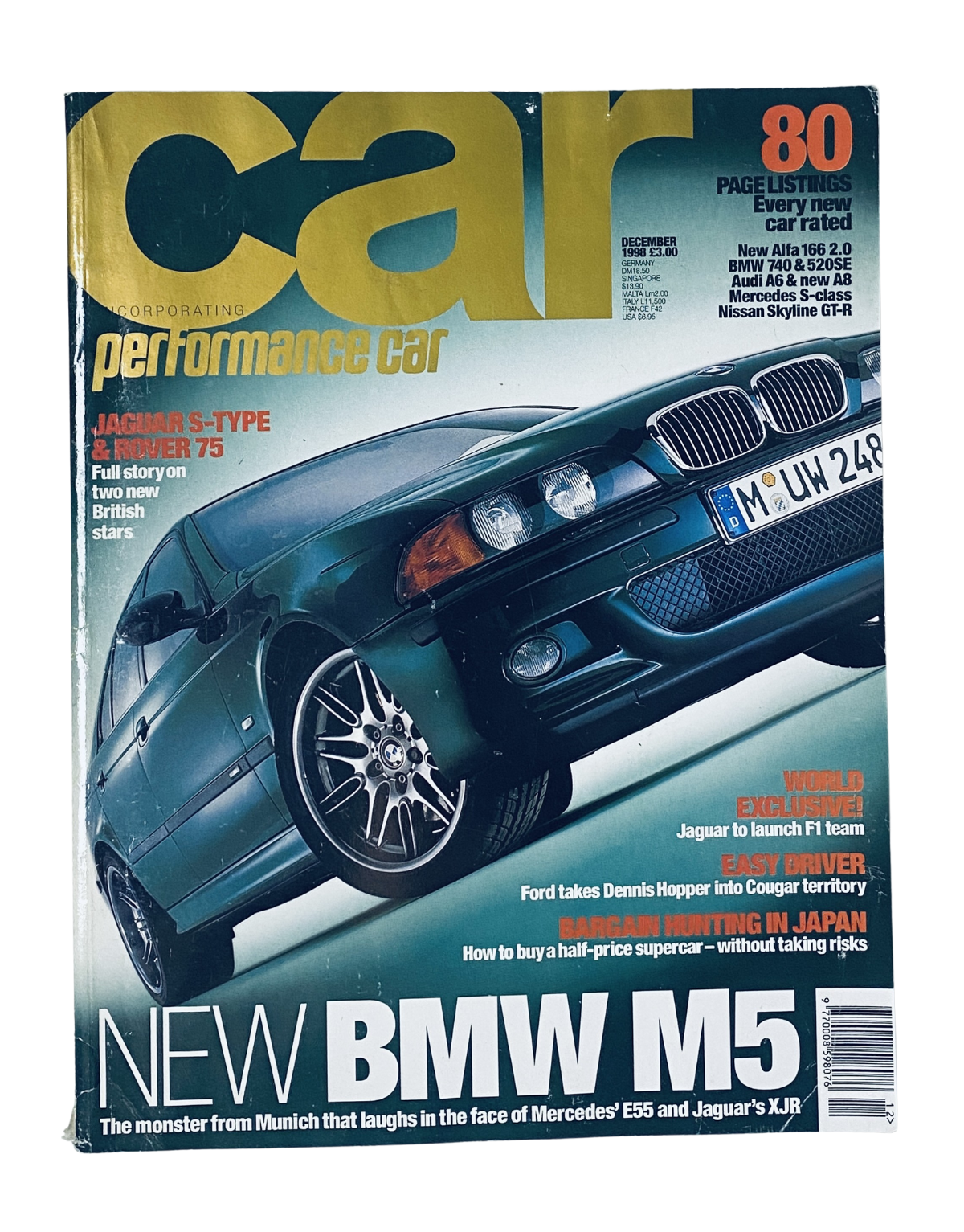Cover of Car Magazine from December 1998 featuring the New BMW M5, Jaguar S-Type and Rover 75. The magazine discusses features, including a comparison with Mercedes E55 and Jaguar XJR.