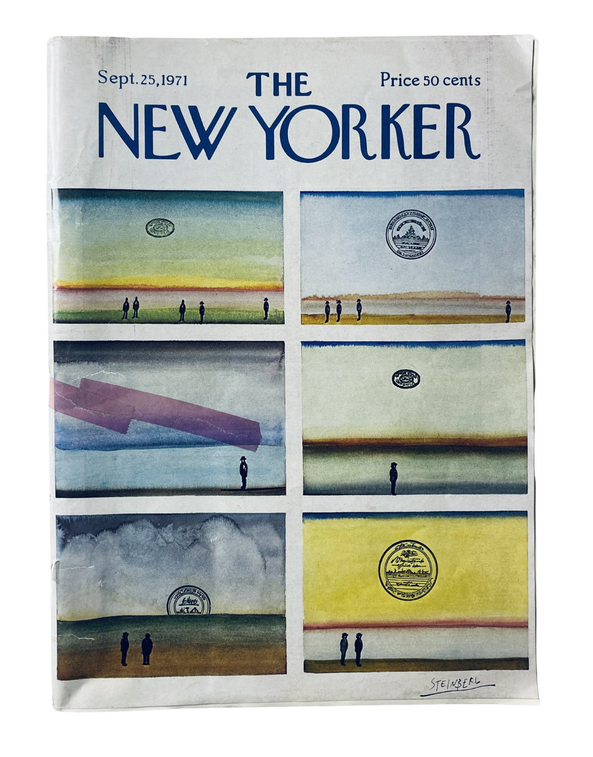 The New Yorker Magazine September 25, 1971 cover showcasing Saul Steinberg's abstract panels featuring colorful landscapes and figures, illustrating various themes of the issue.