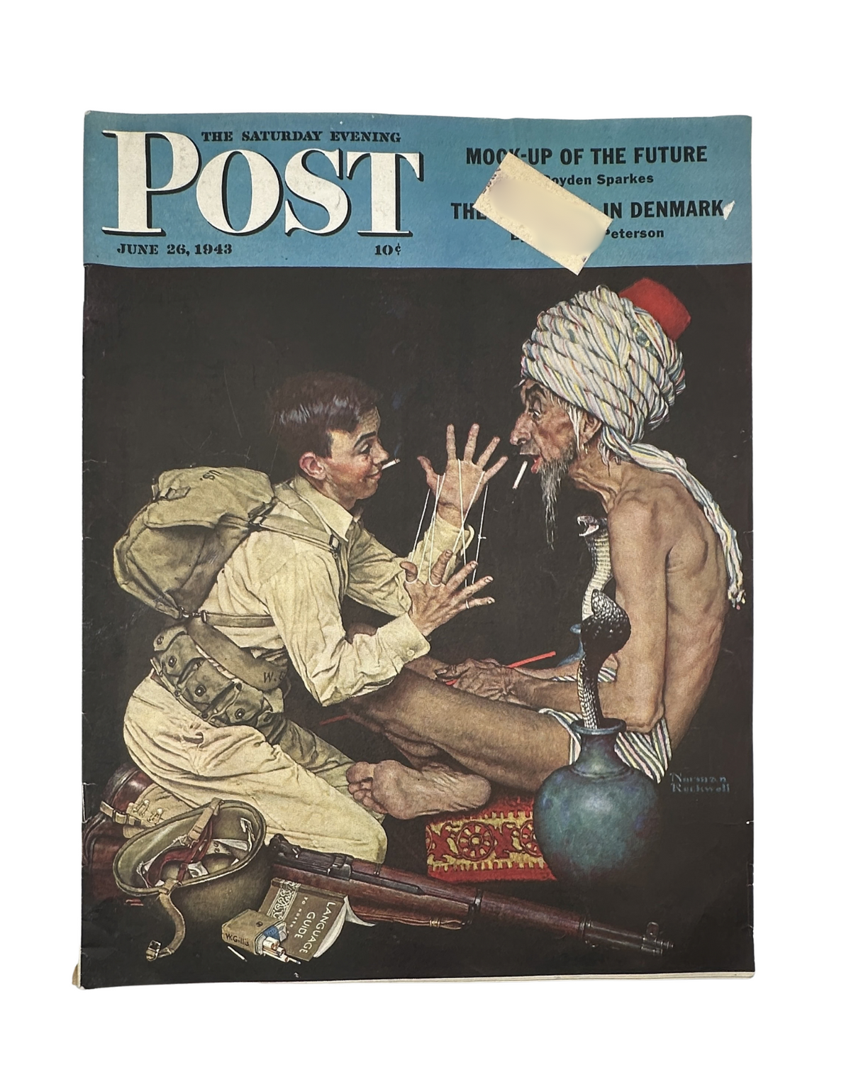 Cover of Saturday Evening Post Magazine June 26, 1943 featuring a Norman Rockwell illustration depicting a soldier and a man in traditional clothing, representing themes of WWII and Denmark.
