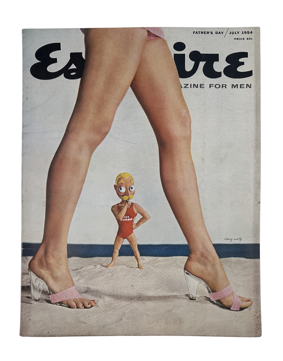 Esquire Magazine July 1954 cover featuring a stylized illustration of female legs in high heels and a child-like figure in a bathing suit, celebrating Father's Day.