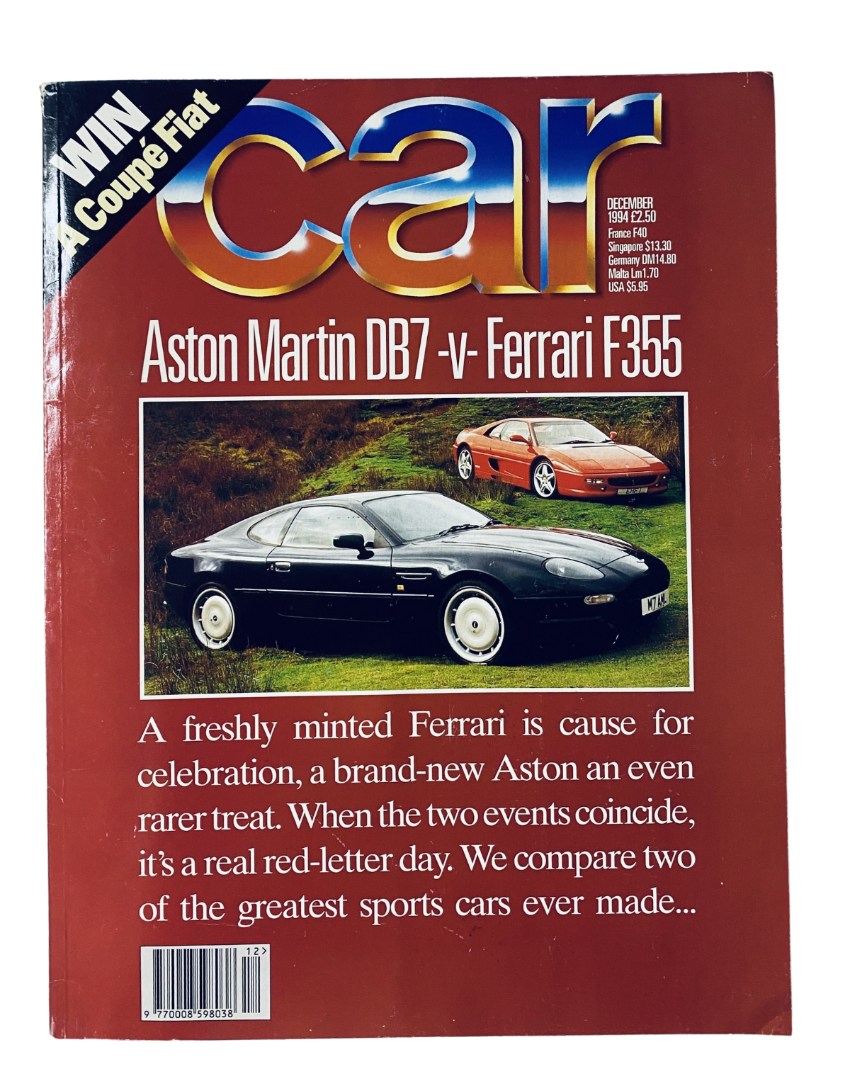 Cover of CAR Magazine December 1994 featuring a comparison of Aston Martin DB7 vs Ferrari F355 with a fresh Aston Martin and Ferrari sports cars in an elegant design.