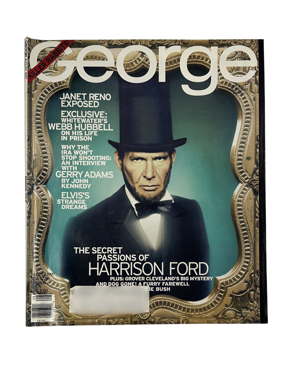 George Magazine August 1997 featuring Harrison Ford on the cover in a top hat. The title reads 'The Secret Passions of Harrison Ford' alongside Janet Reno exposed and other intriguing content.