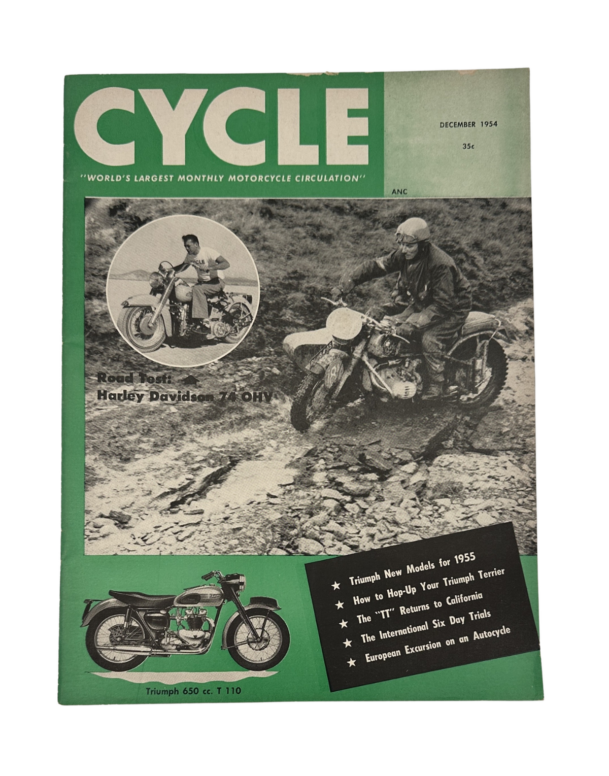 Cycle Magazine December 1954 title page featuring the Harley 74 OHV motorcycle and an image of a motorcycle trial event.
