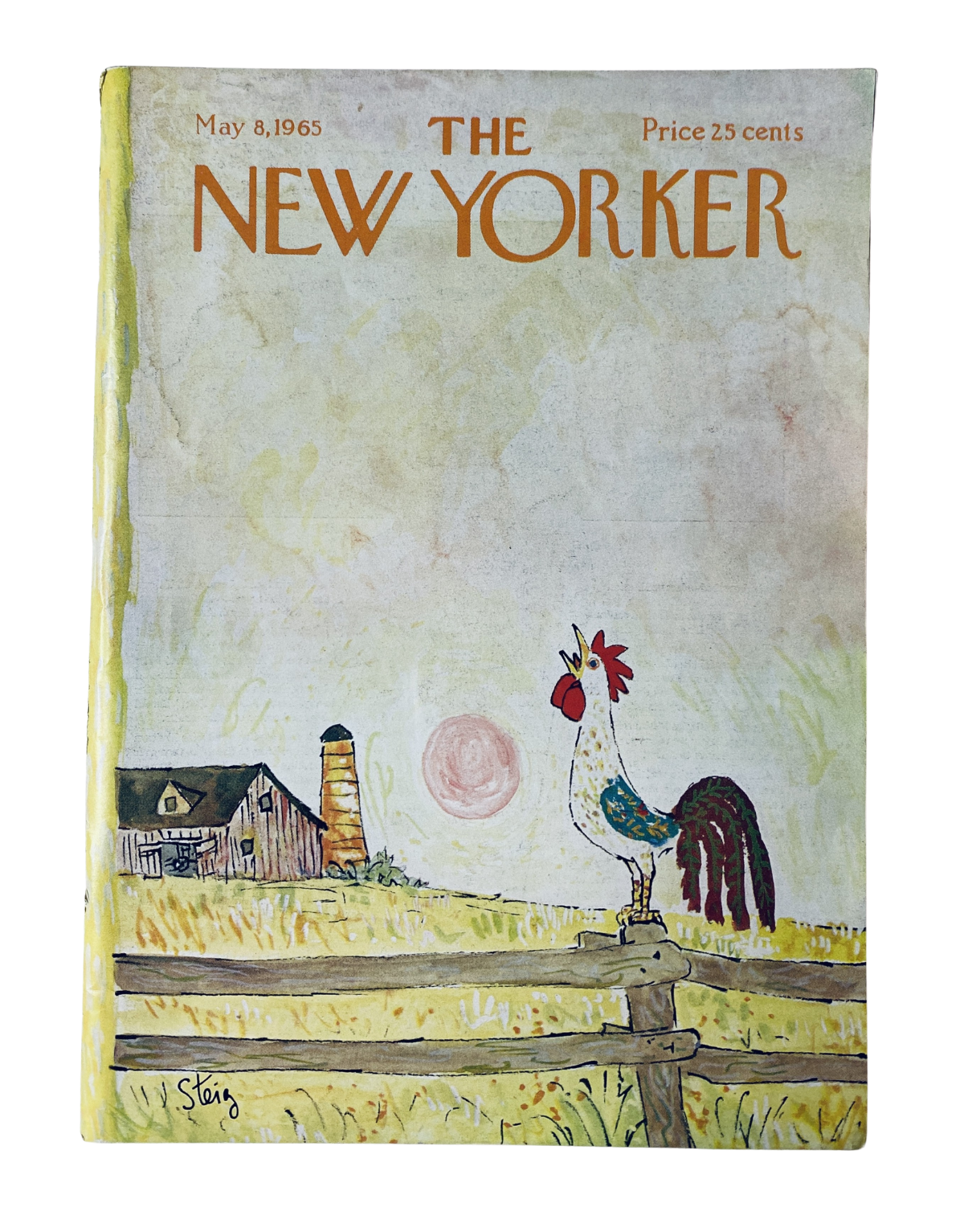 The New Yorker Magazine May 8, 1965 cover featuring an illustration of a rooster on a farm with a sunrise. Artwork by William Steig, priced at 25 cents.