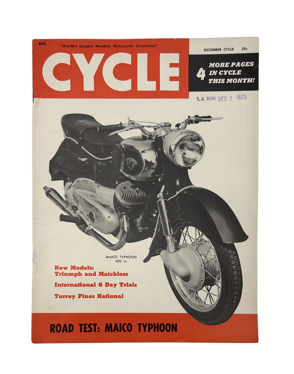 Cycle Magazine December 1955 cover featuring the Maico Typhoon motorcycle, highlighting the road test. Text includes 'New Models', 'Torrey Pines National Trials', and an advertisement for additional content.