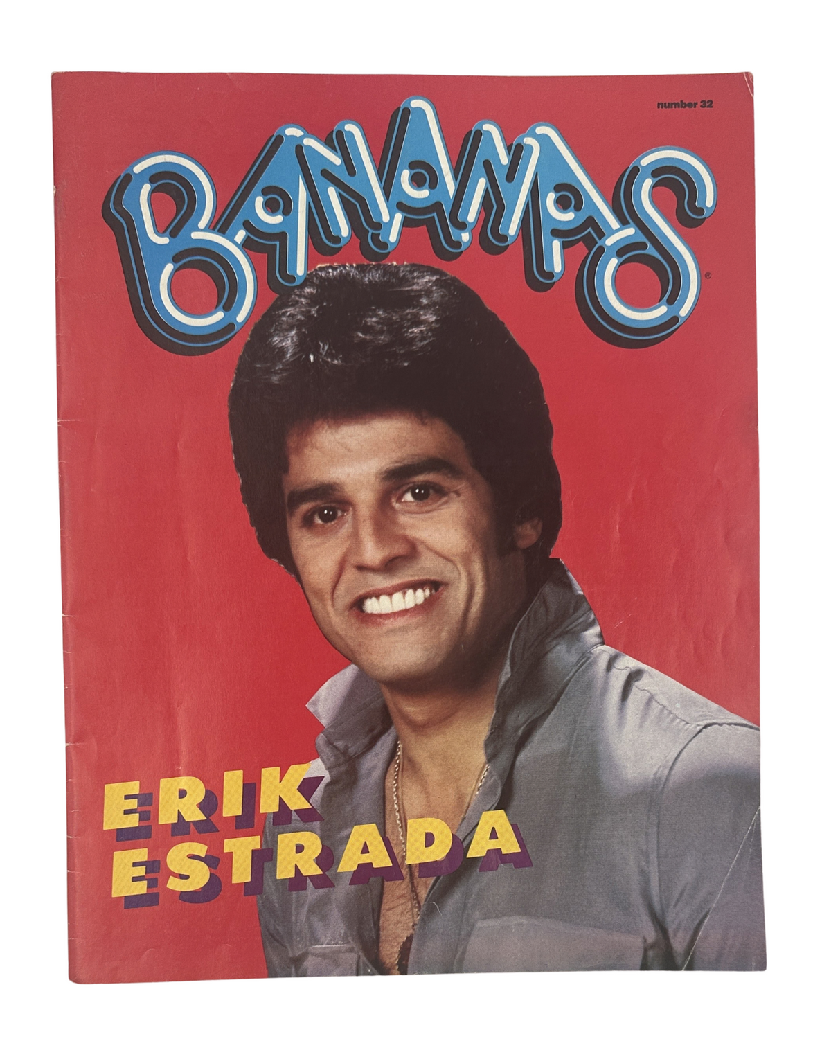 Cover of Bananas Magazine No. 32 featuring Erik Estrada, showcasing vibrant colors and bold typography.