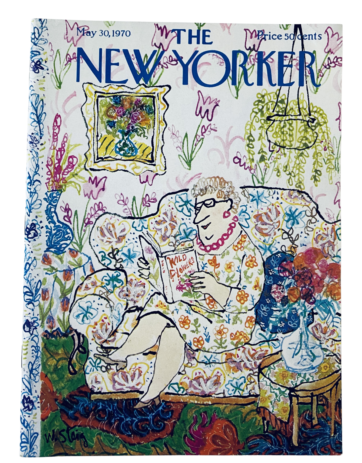 The New Yorker Magazine May 30, 1970 cover featuring a woman reading on a floral sofa, illustrated by W. Steig.