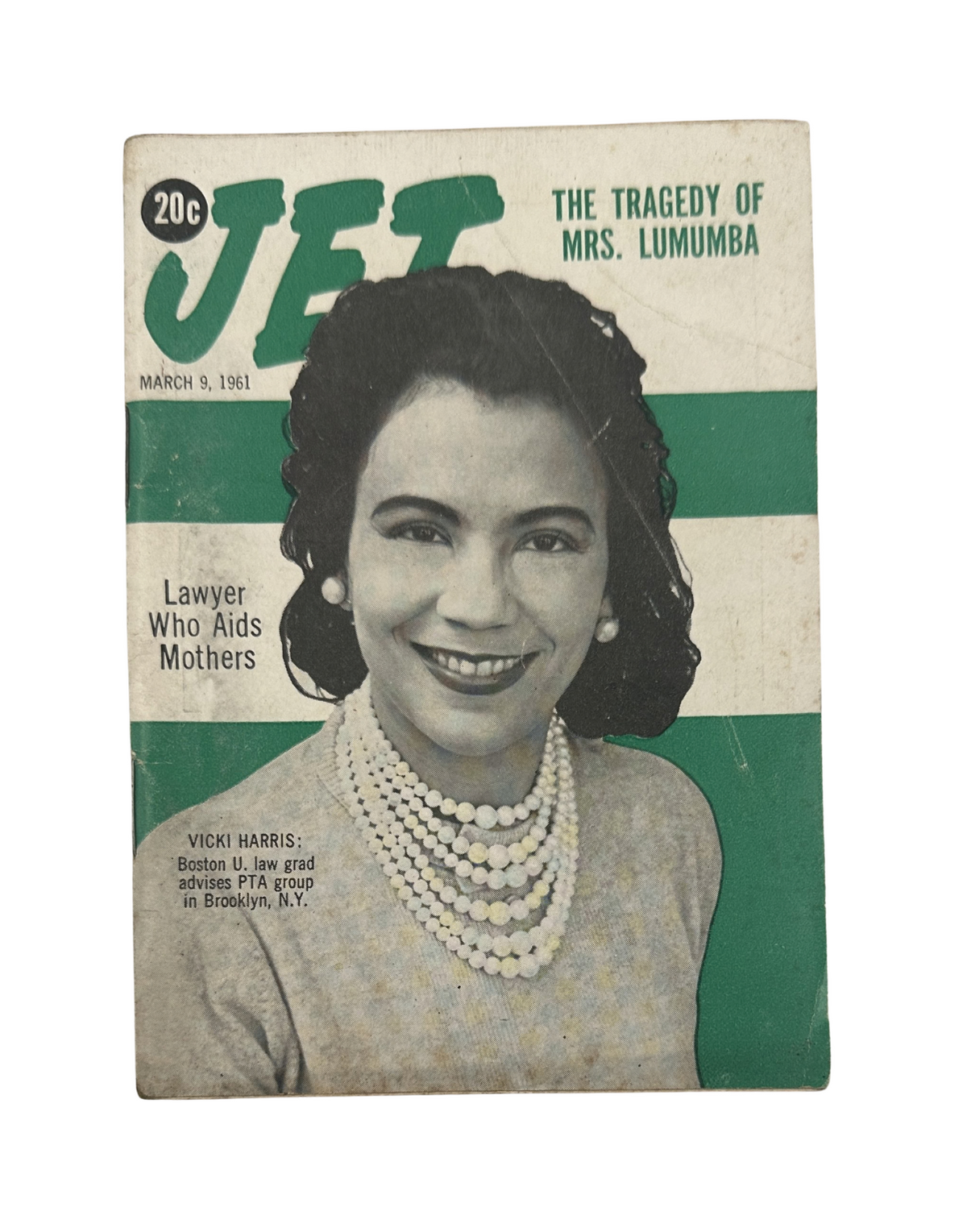 Cover of Jet Magazine, March 9, 1961, titled 'The Tragedy of Mrs. Lumumba' featuring Vicki Harris, a lawyer who aids mothers.