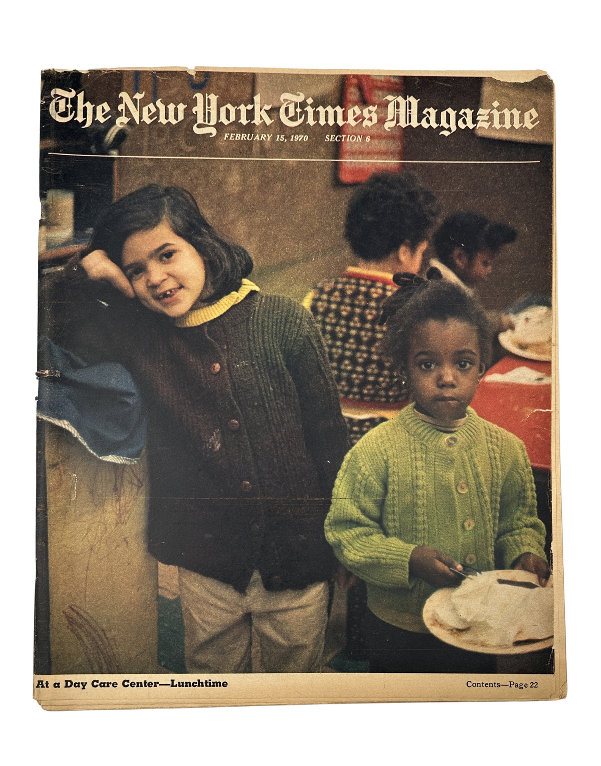 Cover of The New York Times Magazine February 15, 1970 depicting two young girls at lunchtime in a day care center, showcasing the social and political dimensions of child care.