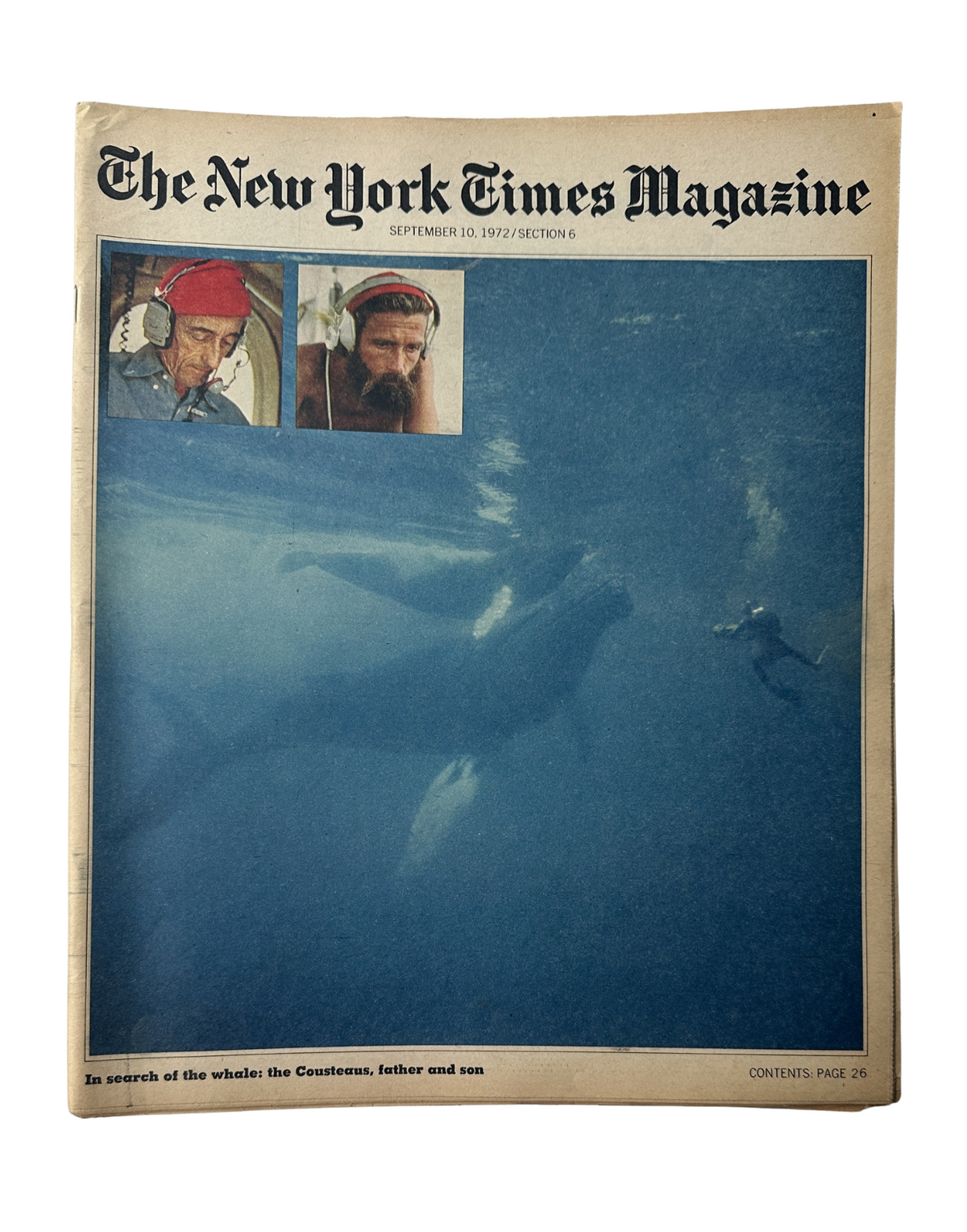 Cover of The New York Times Magazine, September 10, 1972, featuring Jacques Cousteau with two humpback whales, highlighting the theme 'In Search of the Whales: The Cousteaus, Father and Son'.