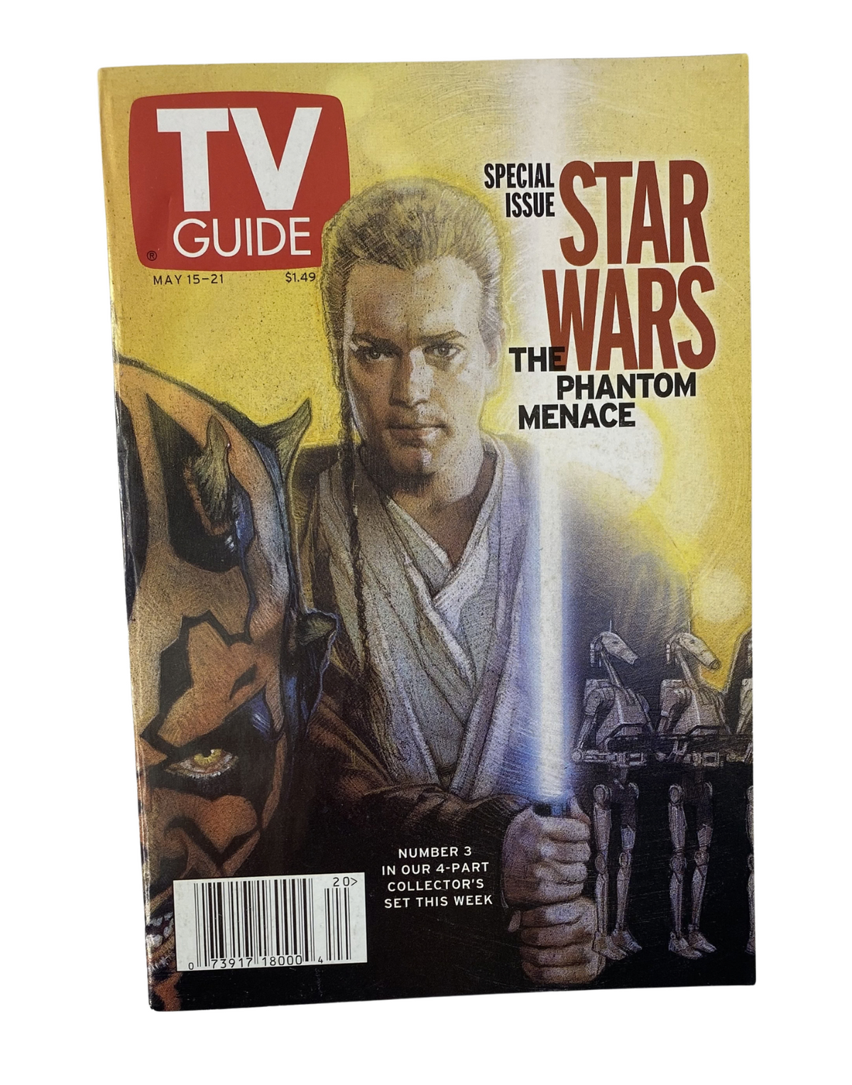 TV Guide Magazine cover from May 15, 1999 featuring Star Wars: The Phantom Menace. The cover showcases a prominent image of Ewan McGregor as Obi-Wan Kenobi, alongside other Star Wars characters, highlighting the movie's promotional theme.